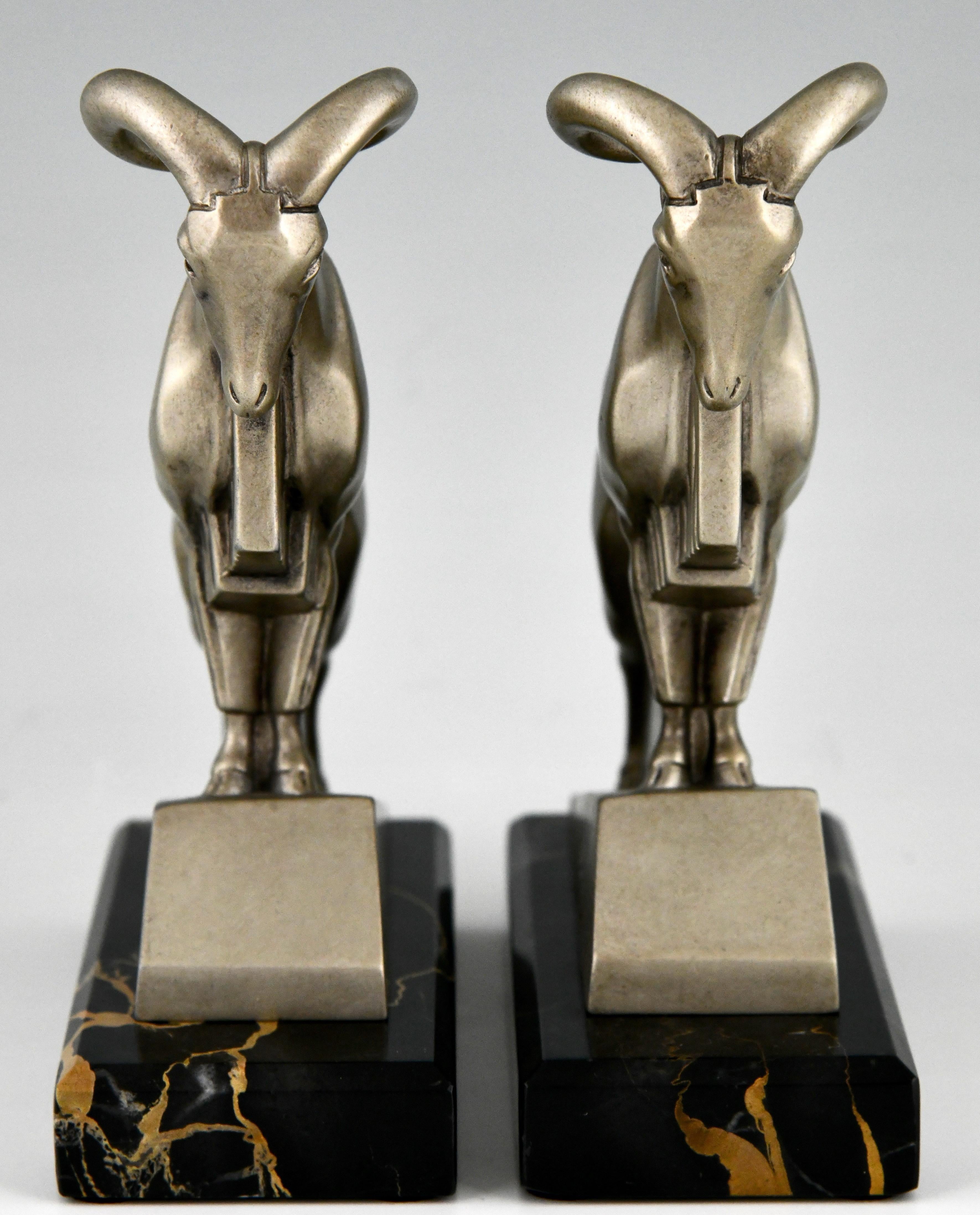 Patinated Art Deco Ibex or Ram Bookends Max Le Verrier, France, 1930