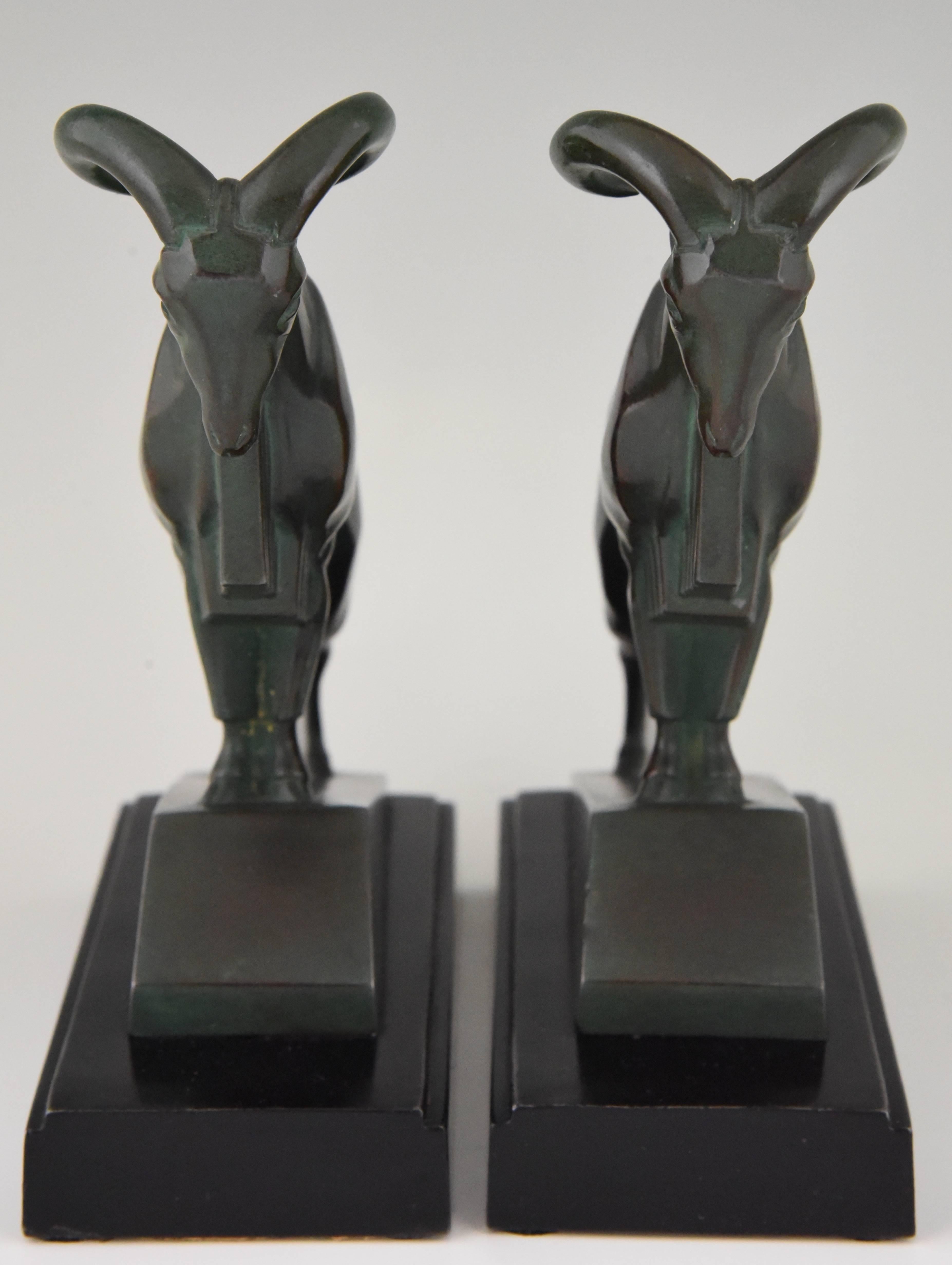 Patinated Art Deco Ibex or Ram Bookends Max Le Verrier, France, 1930
