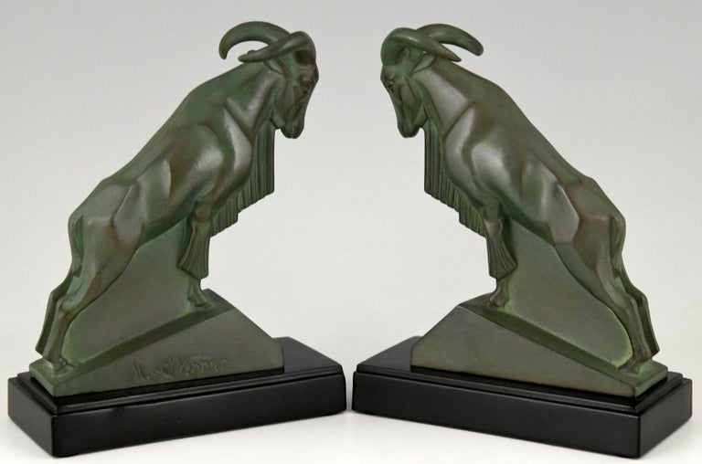 Art Deco Ibex or Ram bookends, signed by the sculptor Max Le Verrier. 
The bookends are in green and black patinated art metal, France 1930. 
Literature:
Art Deco sculpture by Victor Arwas, Academy.
Bronzes, sculptors and founders by H. Berman,