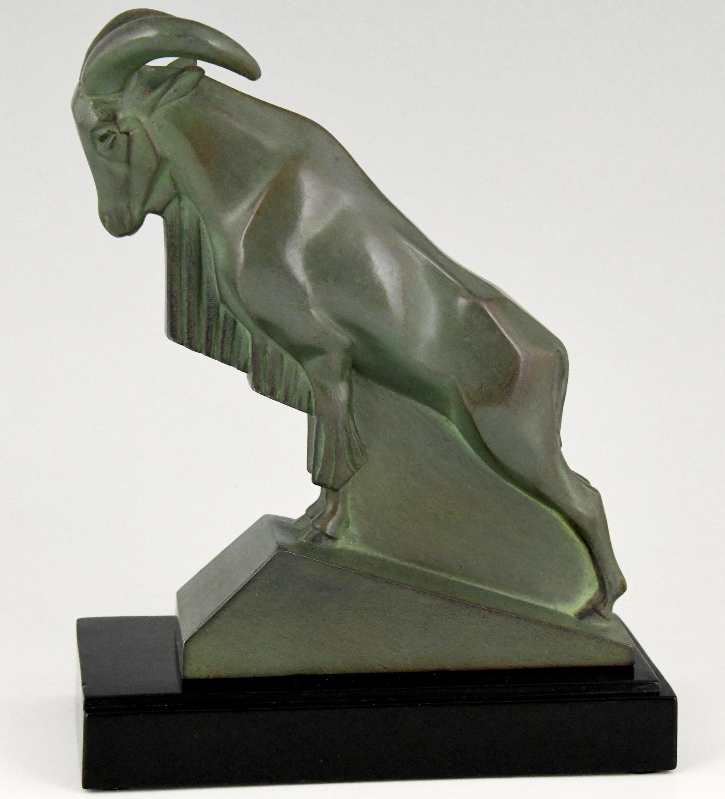 Metal Art Deco Ibex or Ram Bookends Signed by the Sculptor Max Le Verrier France, 1930 For Sale