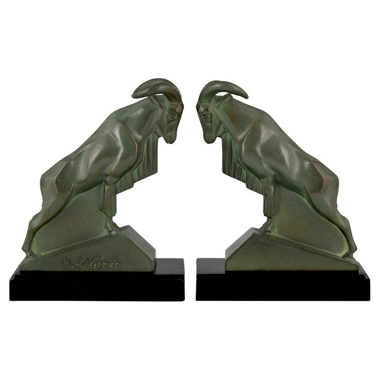 Art Deco Ibex or Ram Bookends Signed by the Sculptor Max Le Verrier France, 1930 For Sale