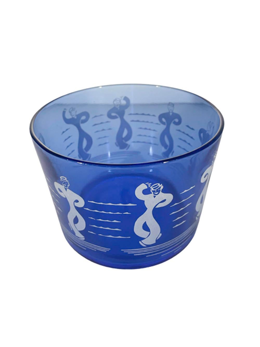 Art Deco ice bowl from the Sportsmans Series by Hazel-Atlas with dancing sailors in white enamel on cobalt glass.