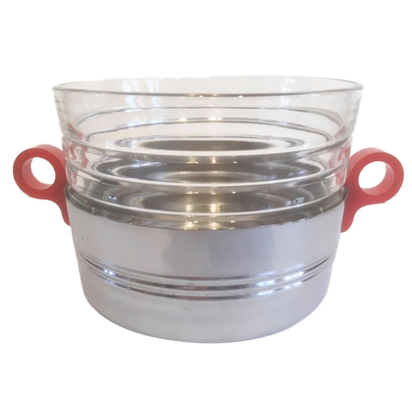 Art Deco Ice Bowl, Chrome with Red Bakelite Handles and Ribbed Glass Liner