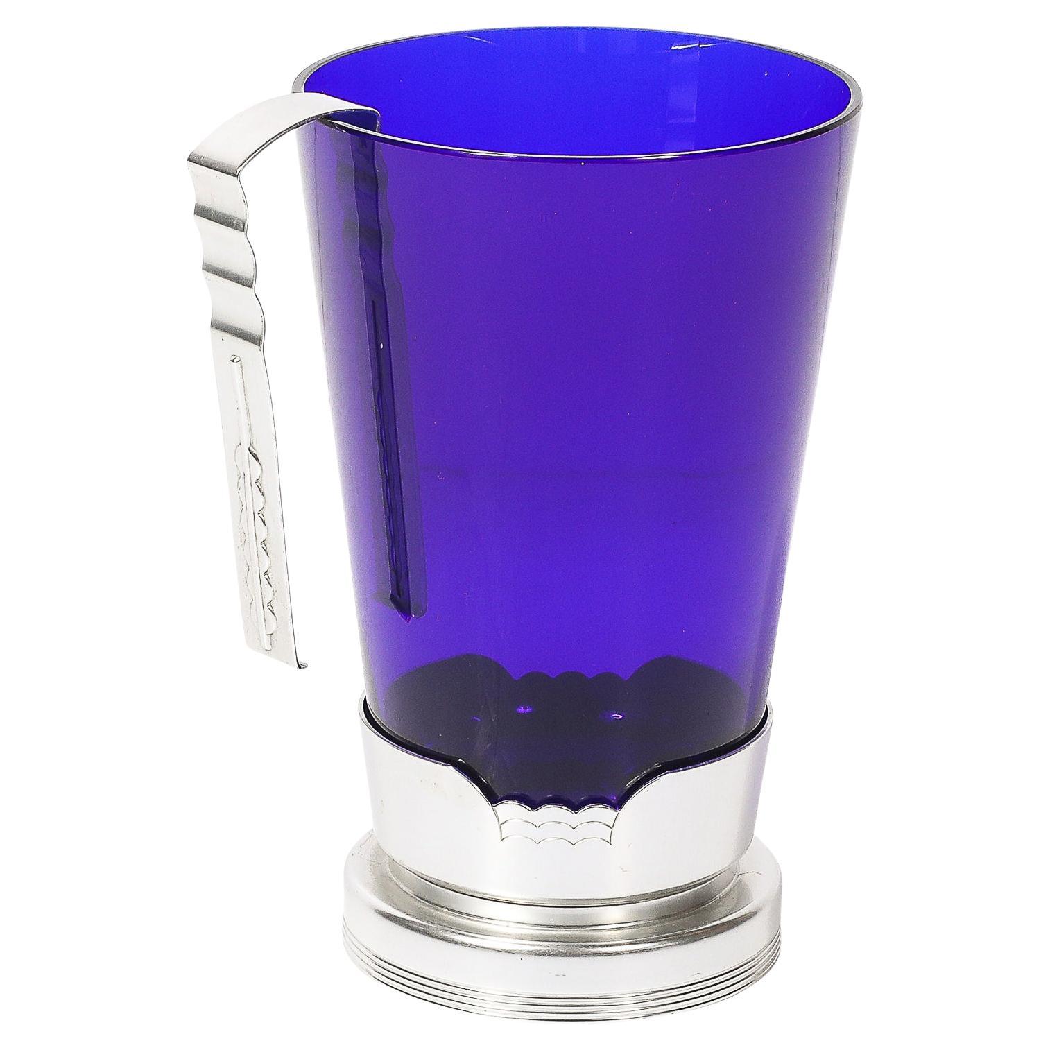 Secchiello per ghiaccio Art Deco in vetro blu con base in alluminio e pinze firmato Kensington