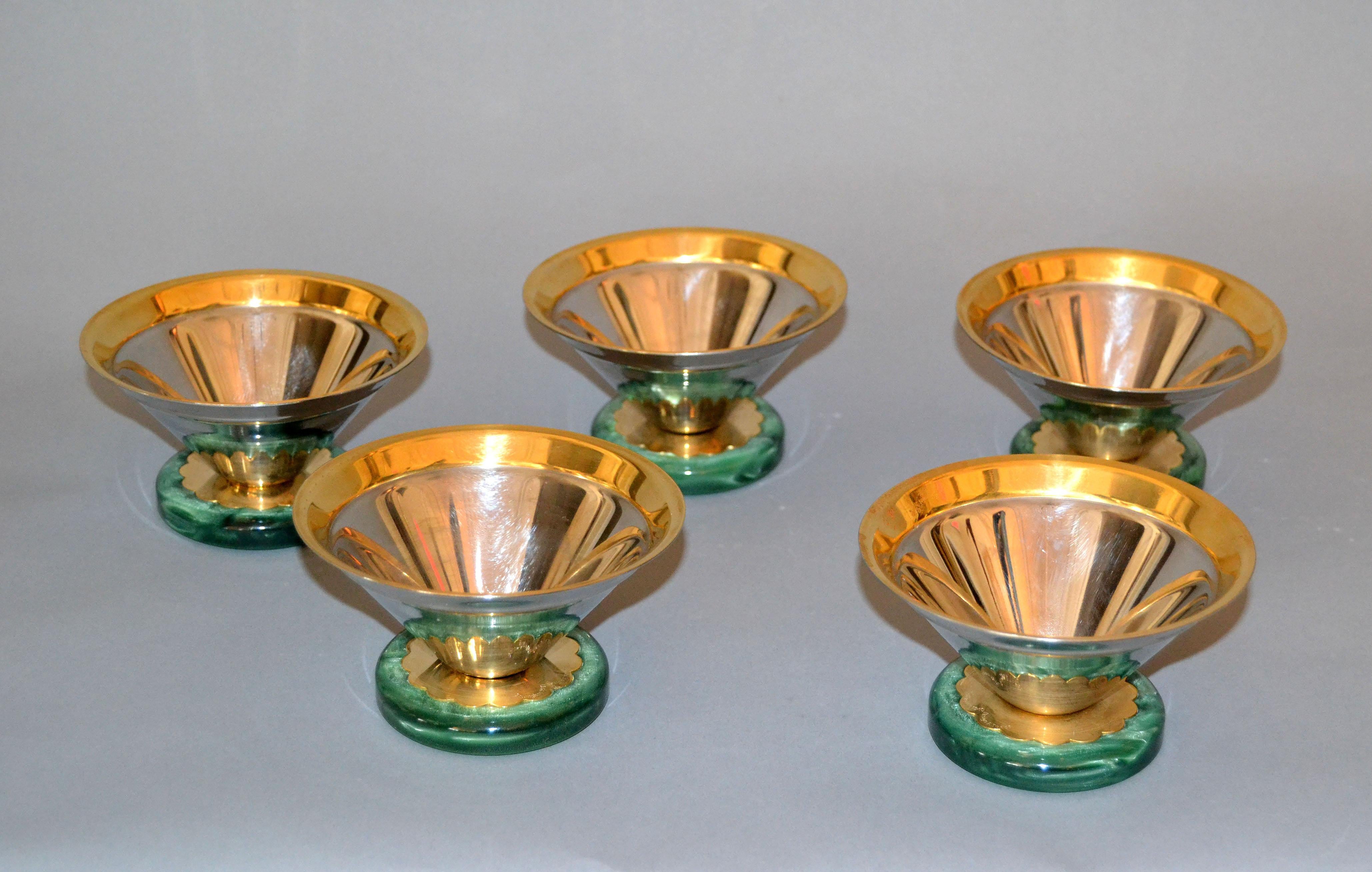 Malachite Art Deco Ice Cream Cups signed Gottinghen 18-10 design F. Tibaldo, Set of 5