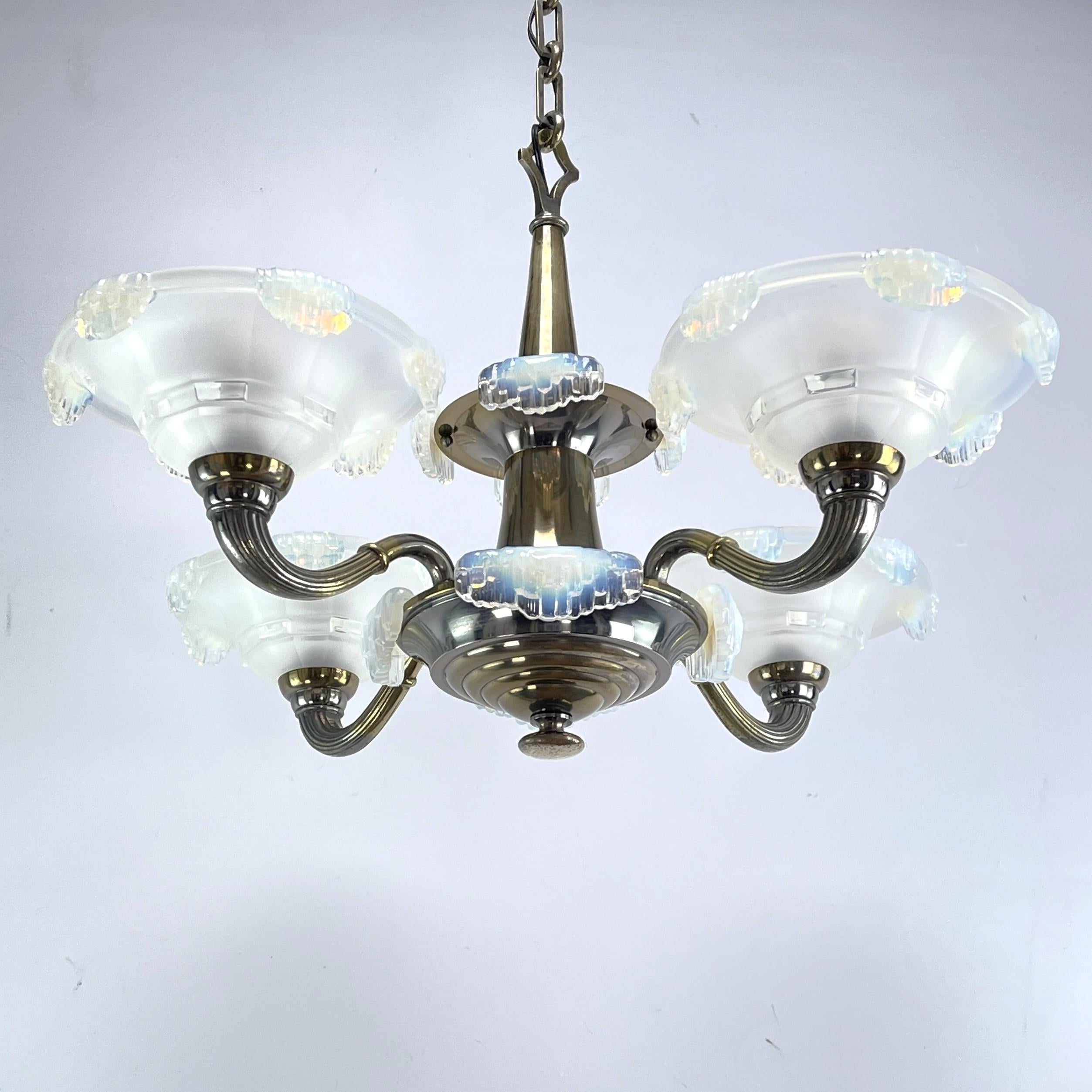 French Art Deco ice glass lamp chandelier from Ezan, 1930s For Sale
