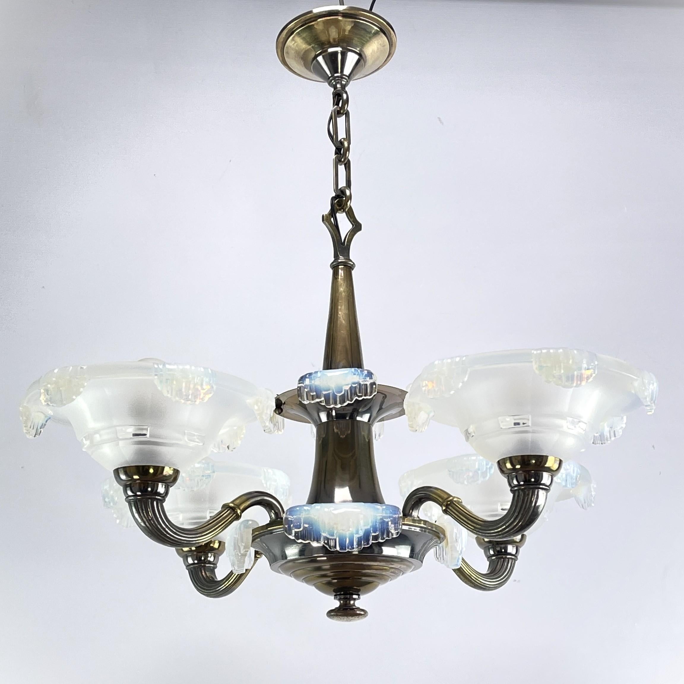 Mid-20th Century Art Deco ice glass lamp chandelier from Ezan, 1930s For Sale