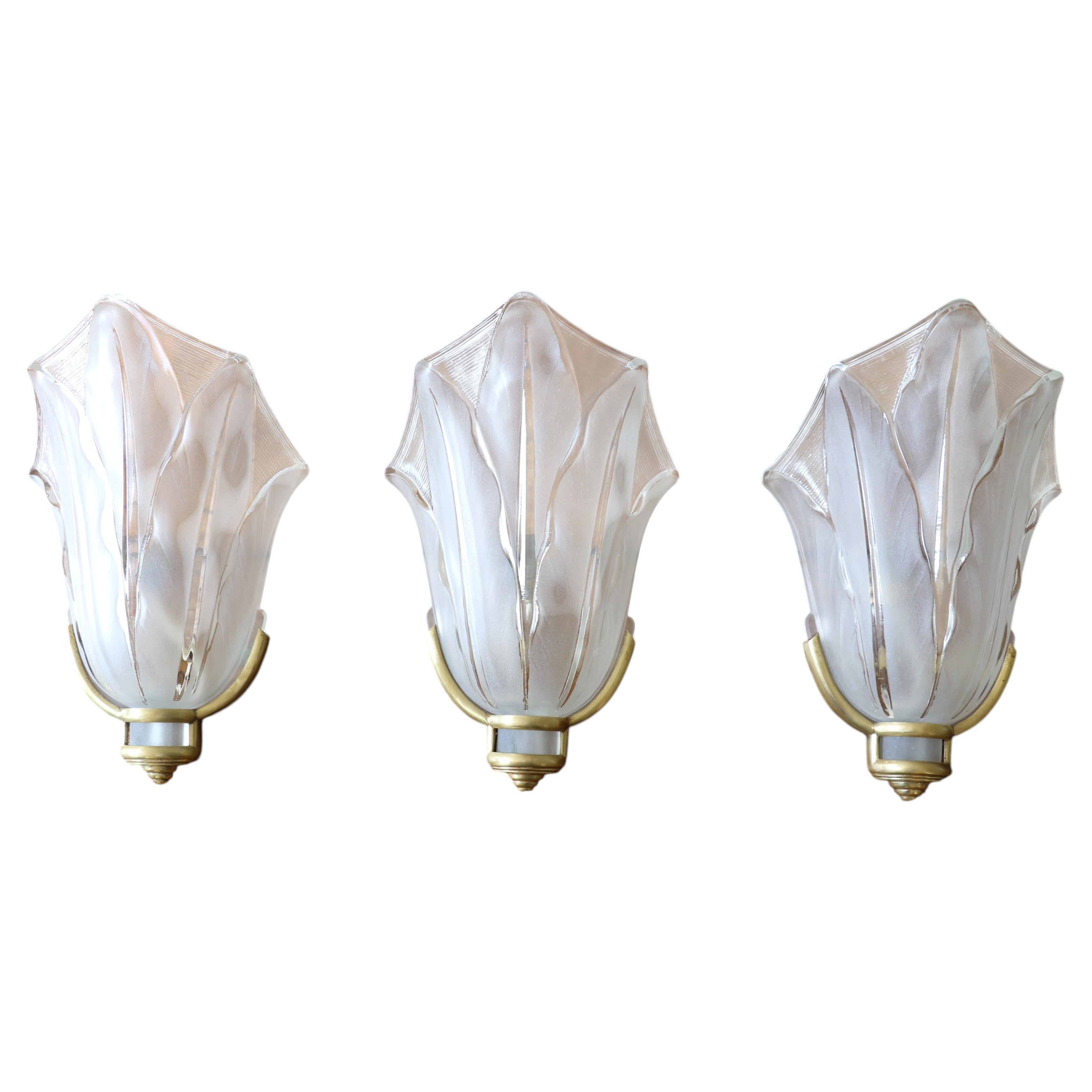Art Deco Icicle Glass & Brass Sconces by Ezan France, 1930s - Set of 3