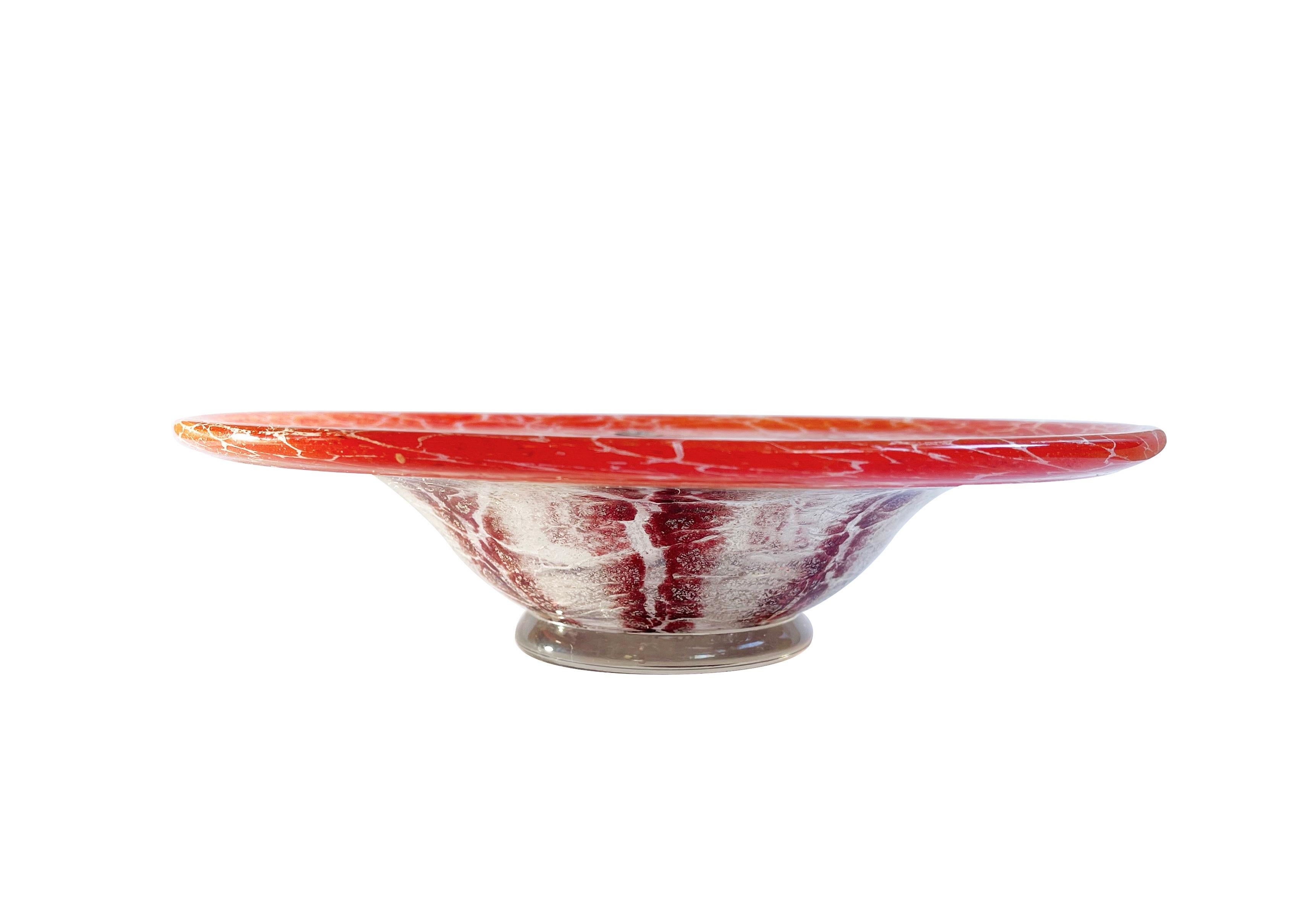 Beautifully made WMF 'Ikora' crackled art glass bowl by artist Karl Wiedmann for WMF Germany. 
An original art deco piece, one-of-a-kind hand made: with details in pale pink-red tones at the rim, purple star-like 
inner with white accents, raised on