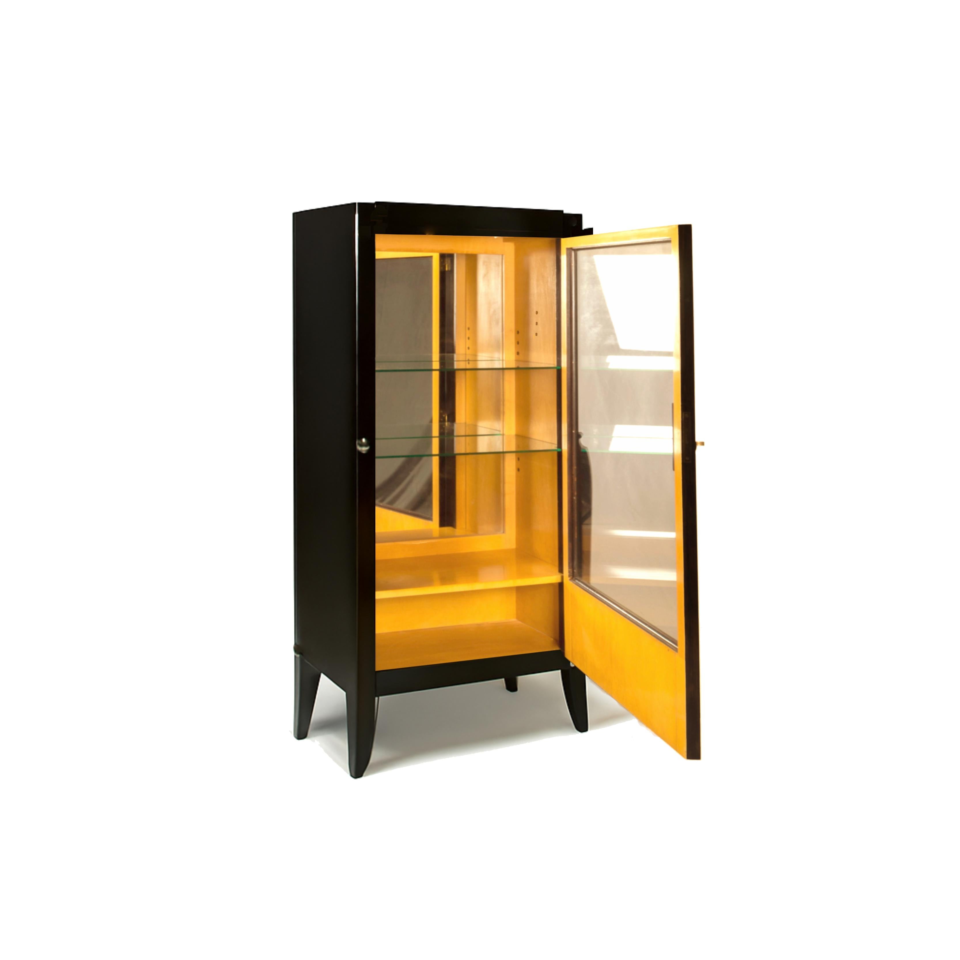 French Art Deco Illuminated Display Black Lacquer  Cabinet, 1920, France For Sale