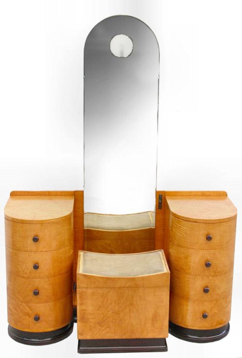 For those with a more refined taste in quality we are pleased to be able to offer you this Sycamore Art Deco illuminated dressing table with it's original matching stool. The dressing mirror is full length, bevelled and features an opaque