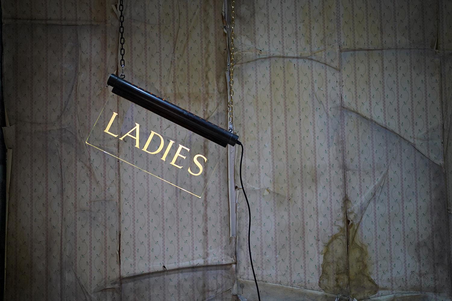 Art Deco Illuminated Etched Glass Foyer Restroom Sign, Ladies, by Internalite For Sale 9
