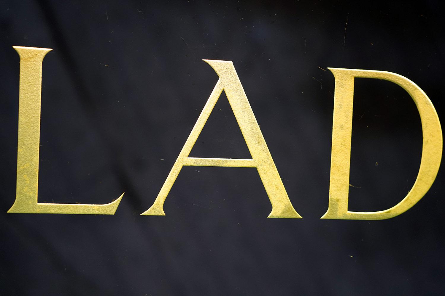 Early 20th Century Art Deco Illuminated Etched Glass Foyer Restroom Sign, Ladies, by Internalite For Sale
