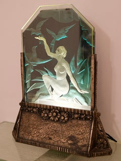 Art Deco Illuminated Glass Sculpture on Wrought Iron Mounting, France 1930s