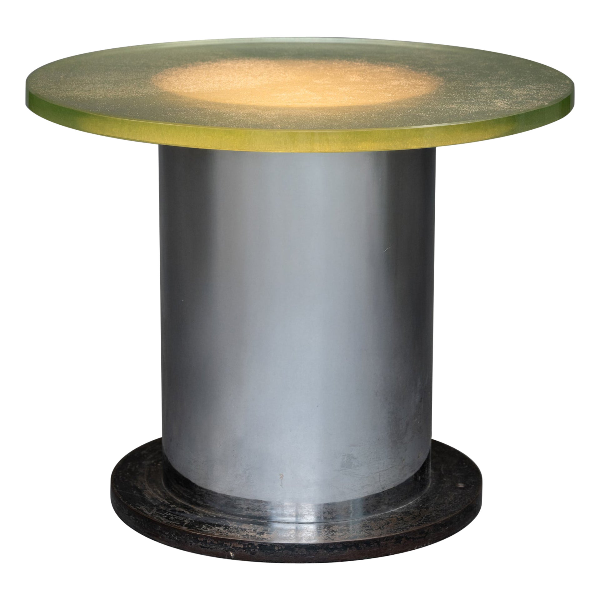 Art deco illuminated side table with "Saint-Gobain" round glass top