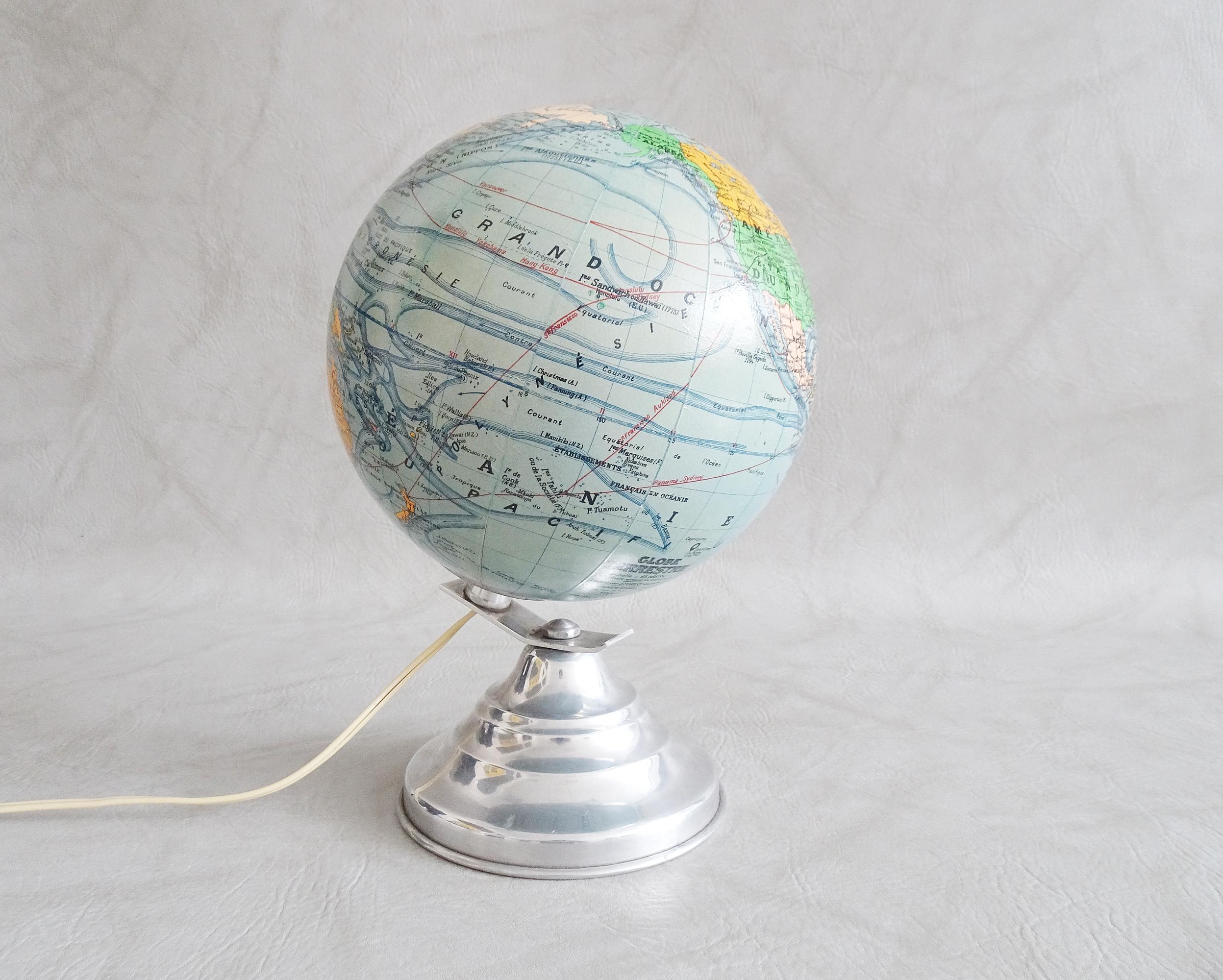 Globo terráqueo iluminado Art Déco de Barrère & Thomas, Francia años 40 Aluminio en venta