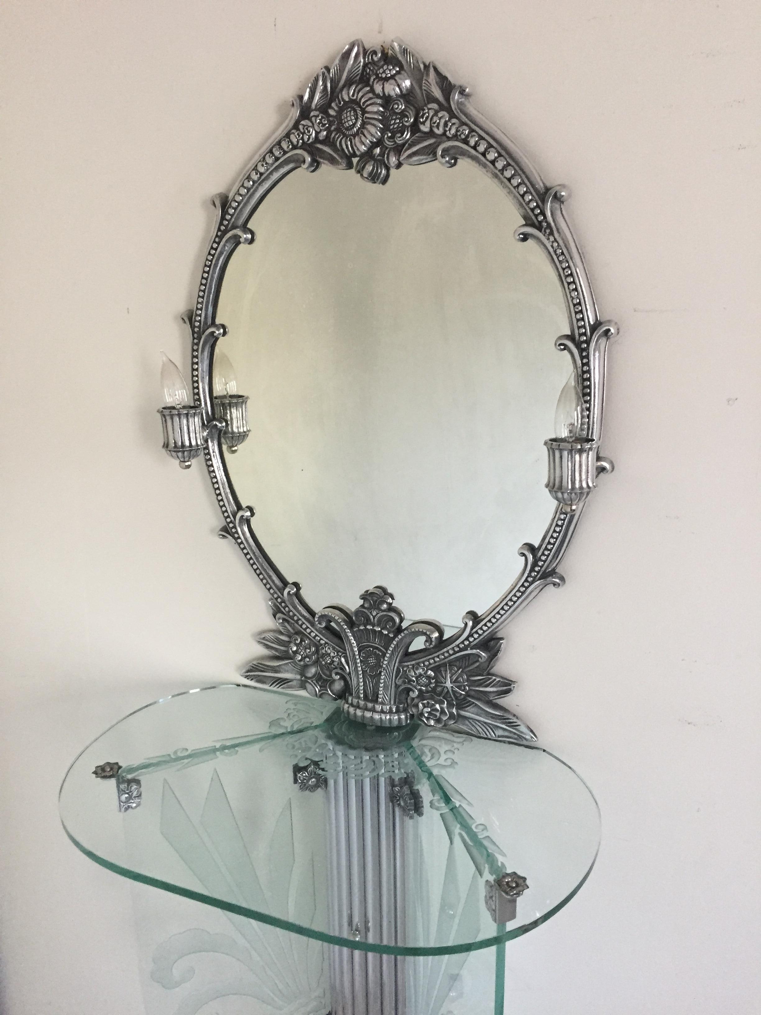 Aluminum Art Deco Illuminated Vanity Together Mirror with Stool Paramount Theater Boston For Sale