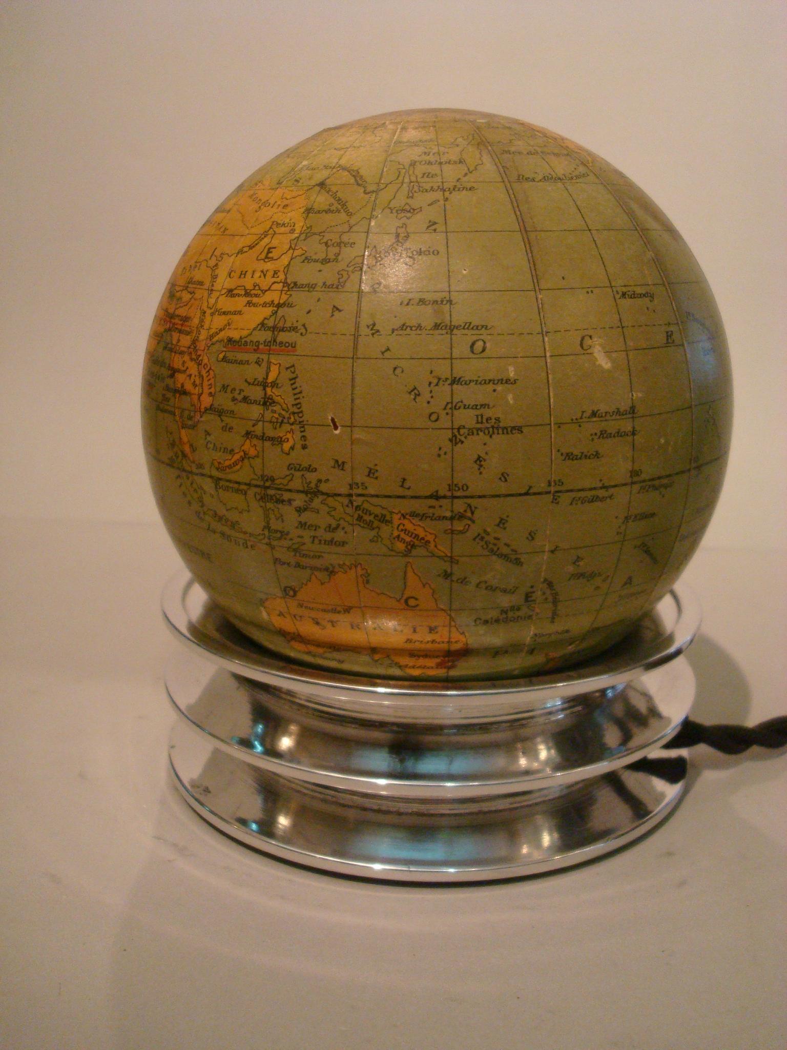 Aluminum Art Deco Illuminated World Globe Table Lamp Glass, France