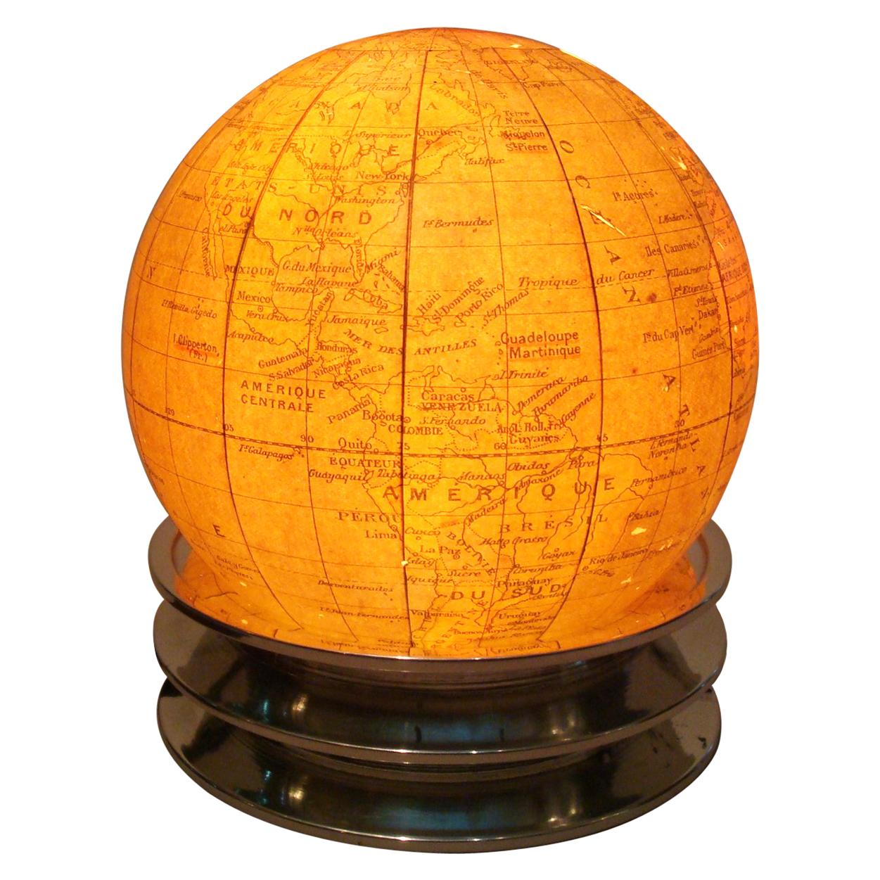 Art Deco Illuminated World Globe Table Lamp Glass, France