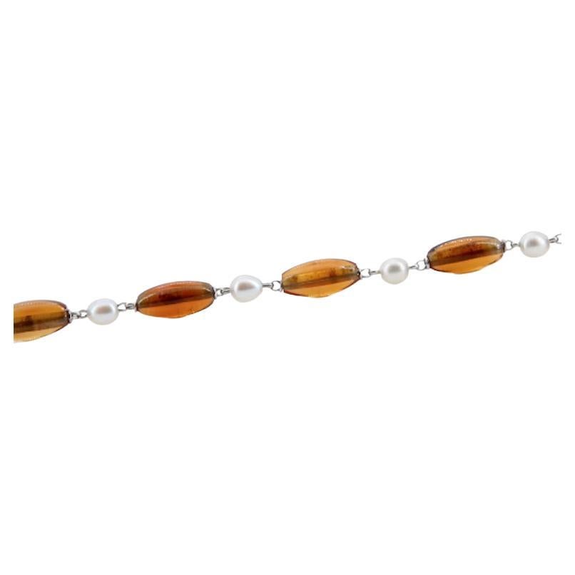 Art Deco Imperial Topaz & Natural Pearl Bracelet in Platinum For Sale