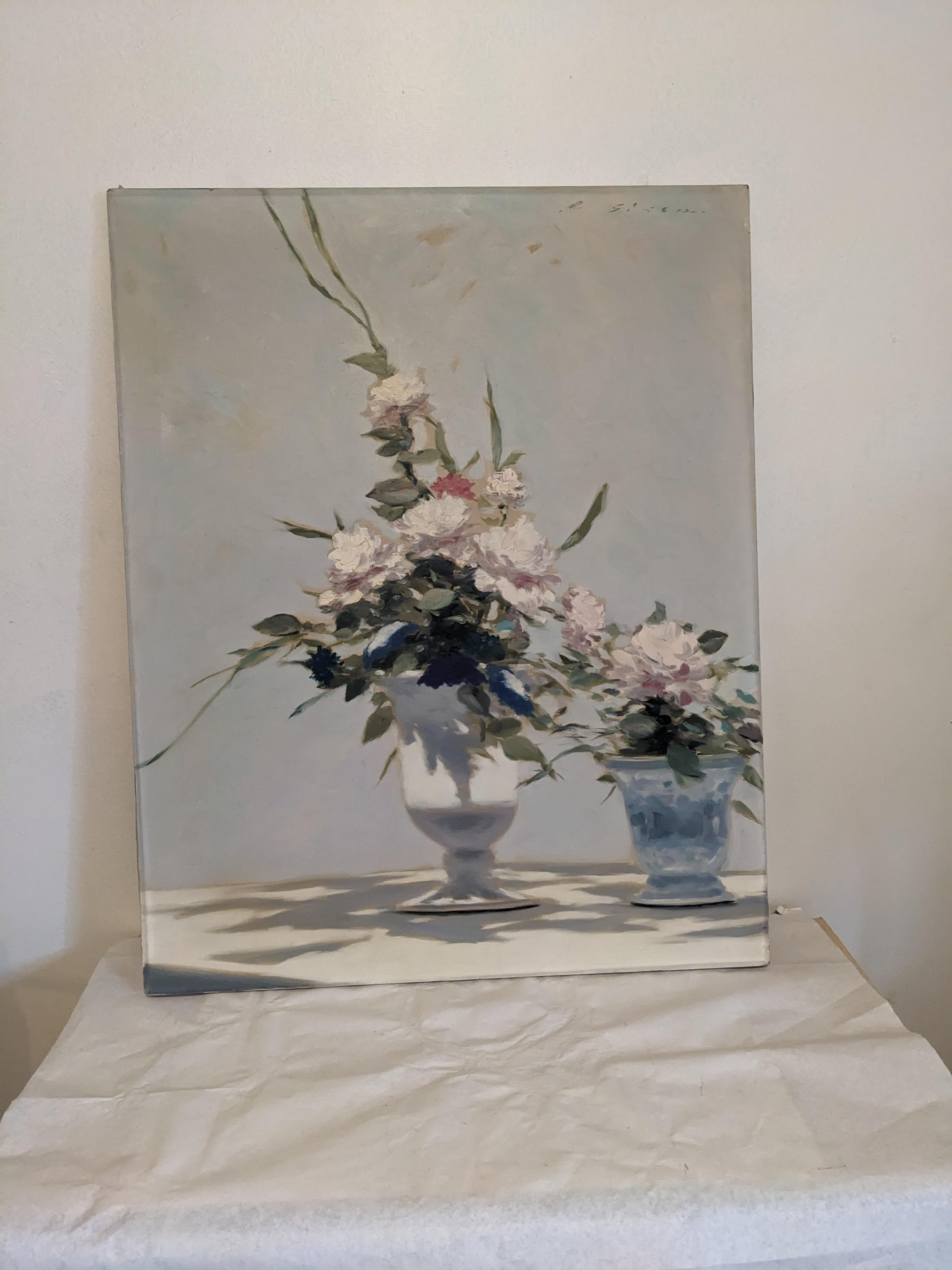 Art Deco Impressionist Floral Still Life in gedämpften, stimmungsvollen Tönen von einem talentierten Künstler. Signiert, aber unleserlich, 1930er Jahre USA. 