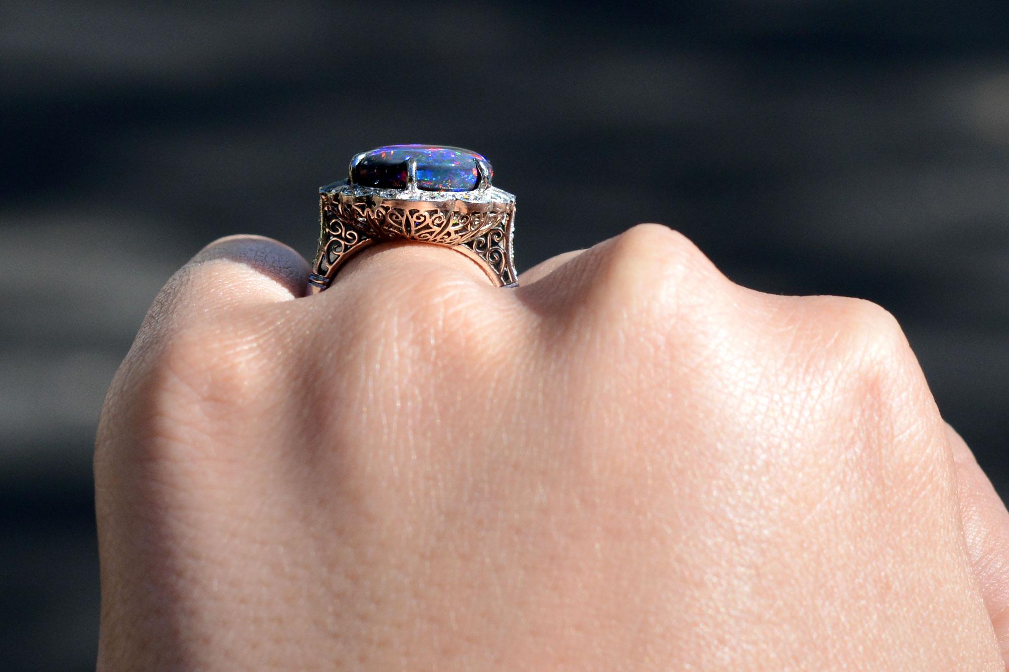 Women's or Men's Impressive Art Deco Brushstroke Black Opal Cocktail Ring For Sale