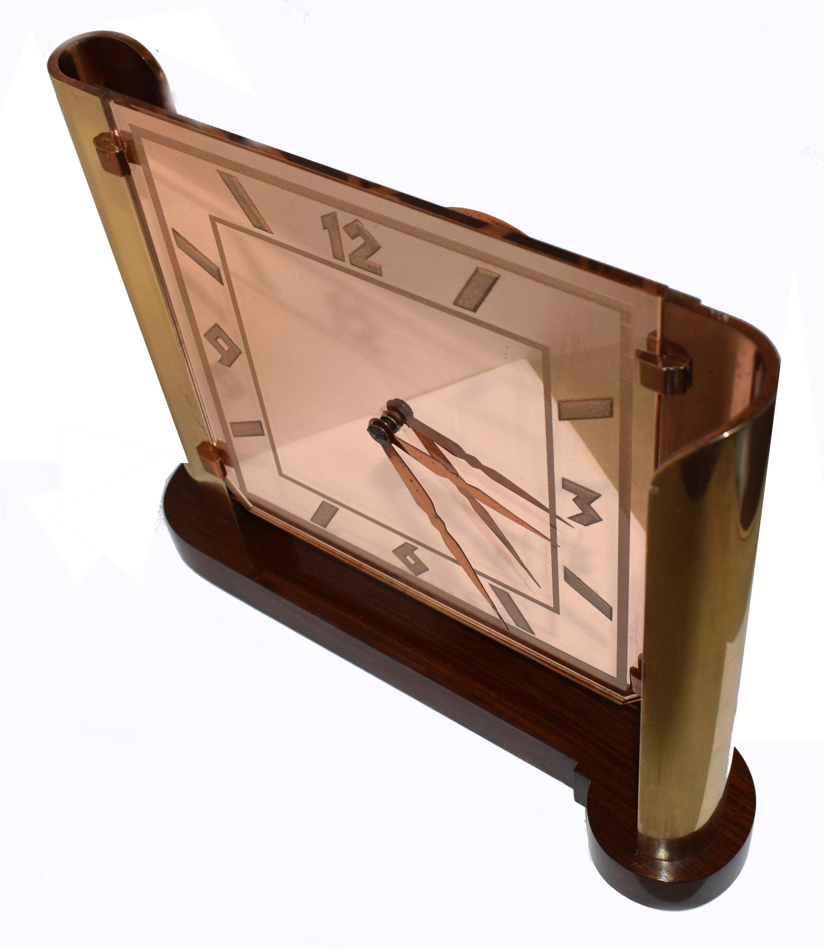 Copper Art Deco Impressive Streamline Modernist 8 Day Mantle Clock, circa 1930