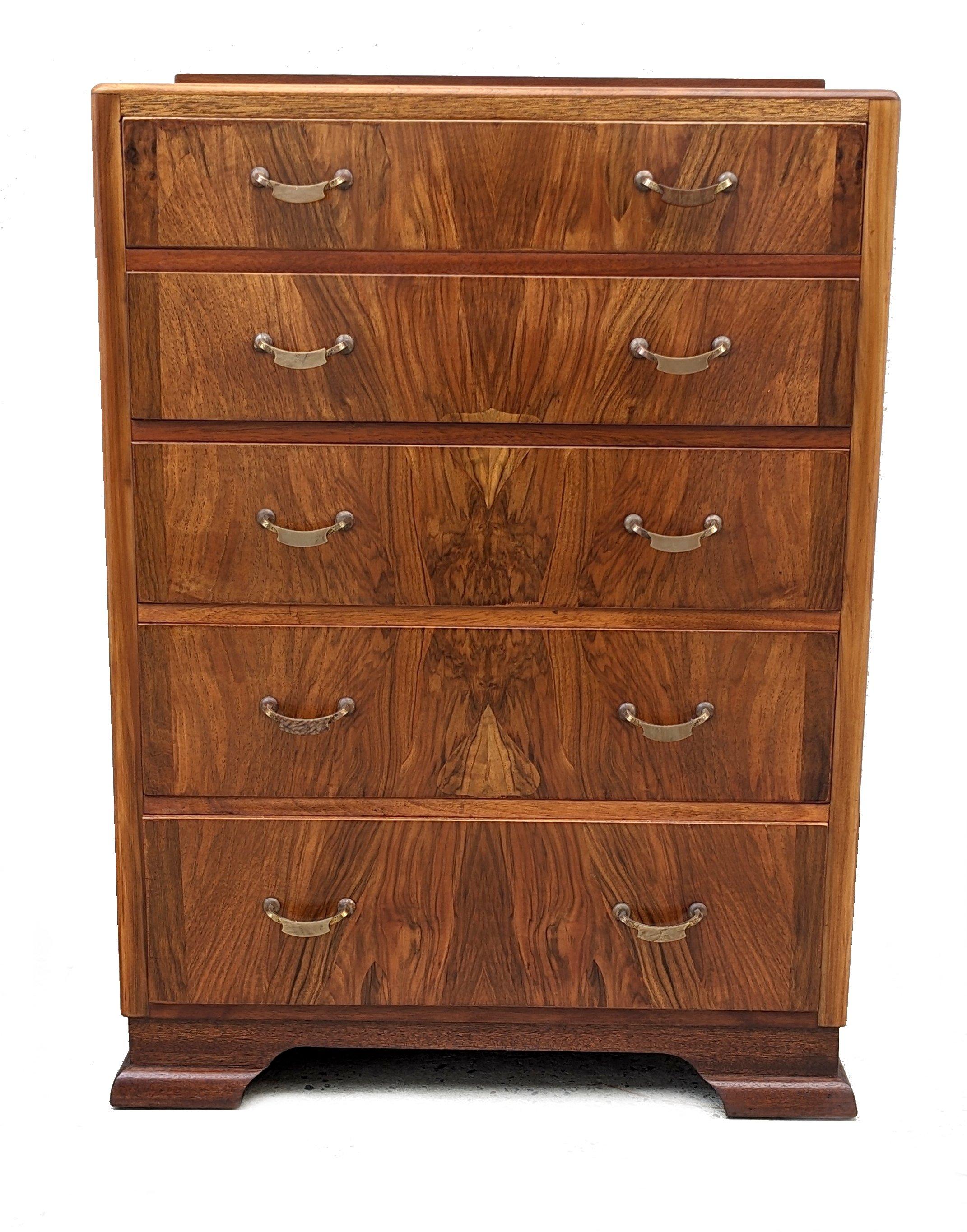20th Century Art Deco Impressive Walnut Chest Of Five Drawers, English, c1930 For Sale