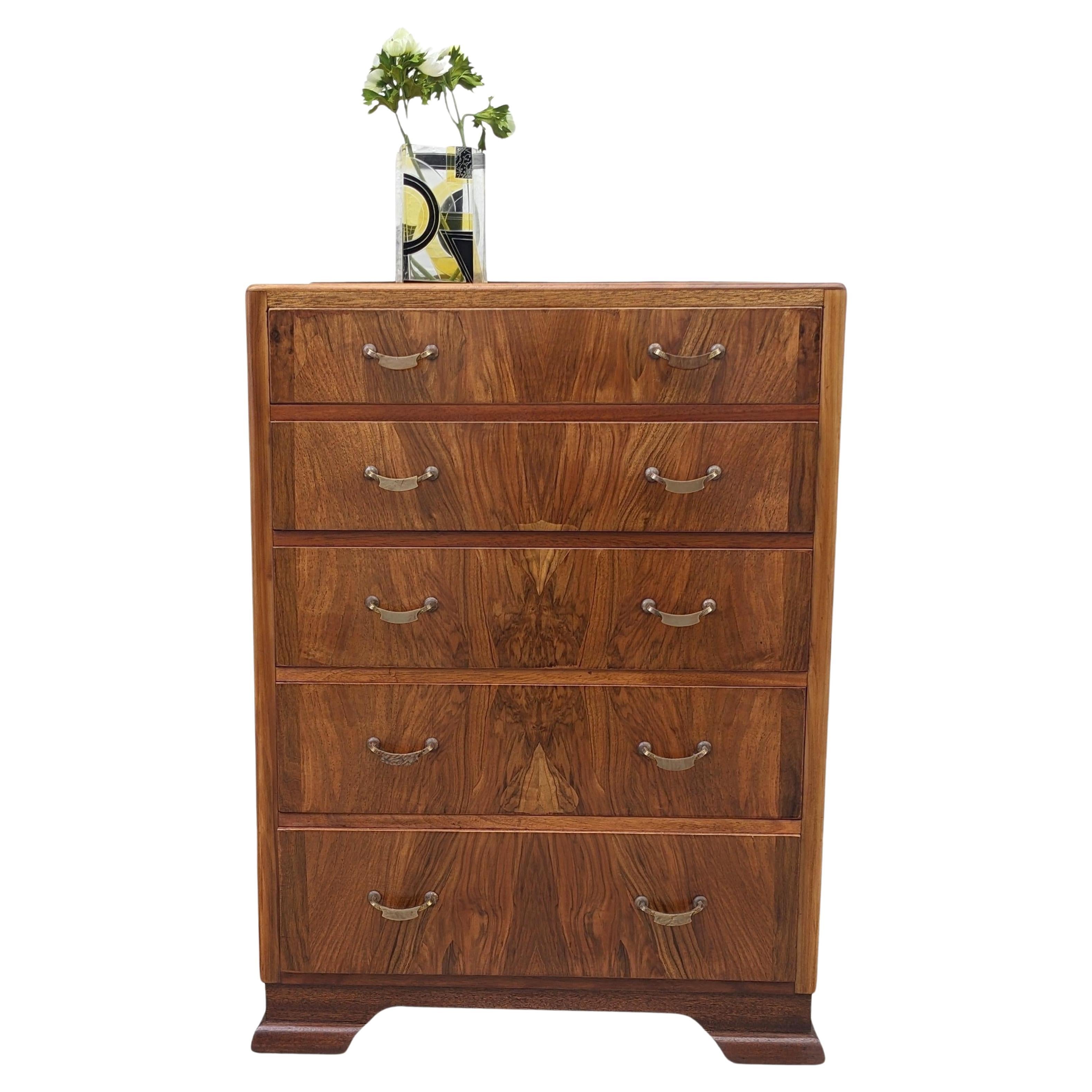 Art Deco Impressive Walnut Chest Of Five Drawers, English, c1930 For Sale