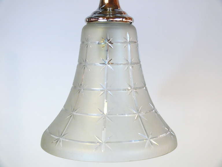 American Art Deco Incised Glass and Nickel Bell Shaped Chandelier For Sale