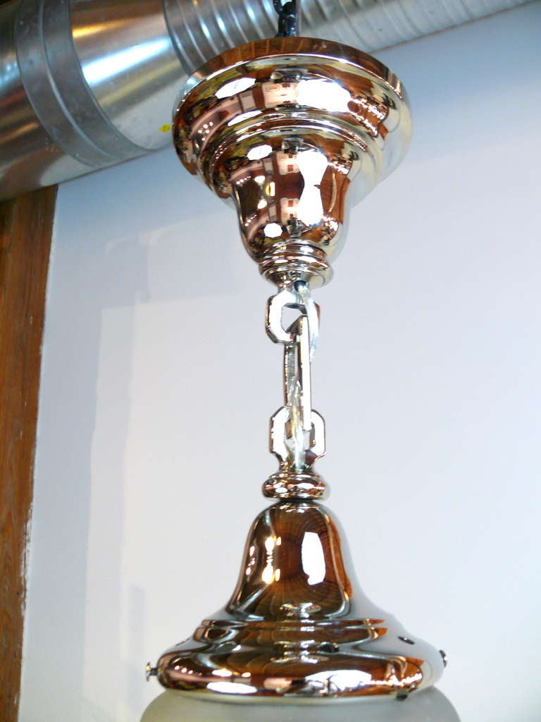 Frosted Art Deco Incised Glass and Nickel Bell Shaped Chandelier For Sale