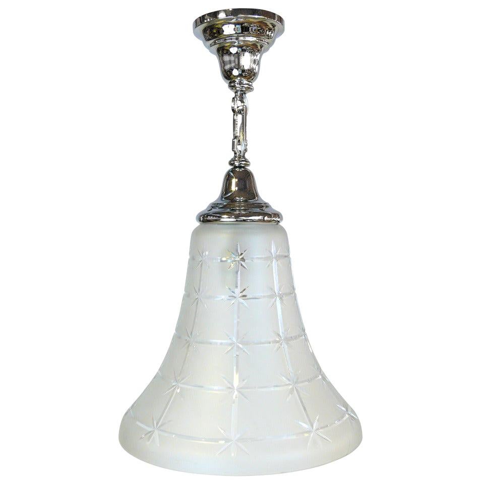 Art Deco Incised Glass and Nickel Bell Shaped Chandelier For Sale