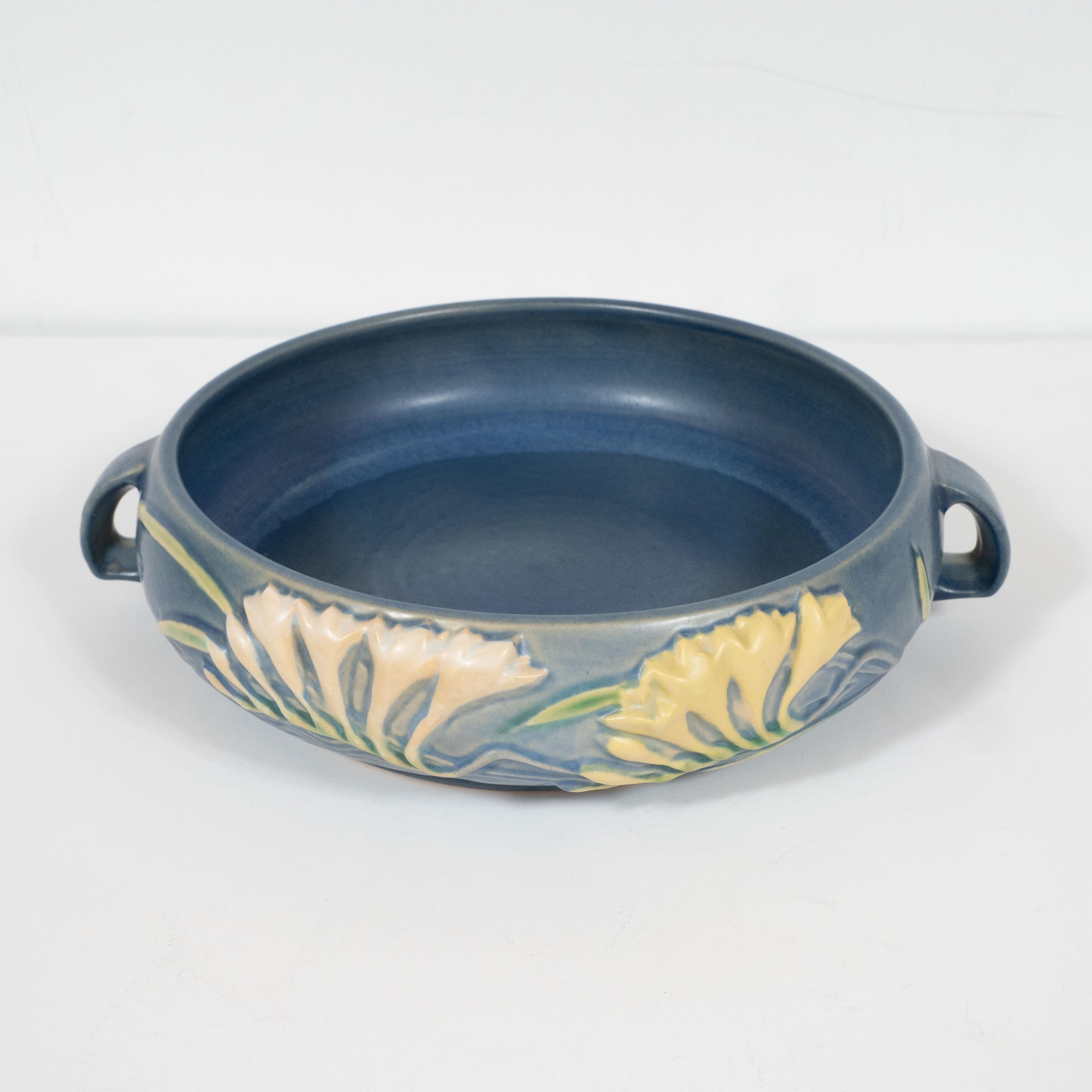 Art Deco Indigo Decorative Bowl with Lily of the Valleys Motif by Roseville For Sale 4