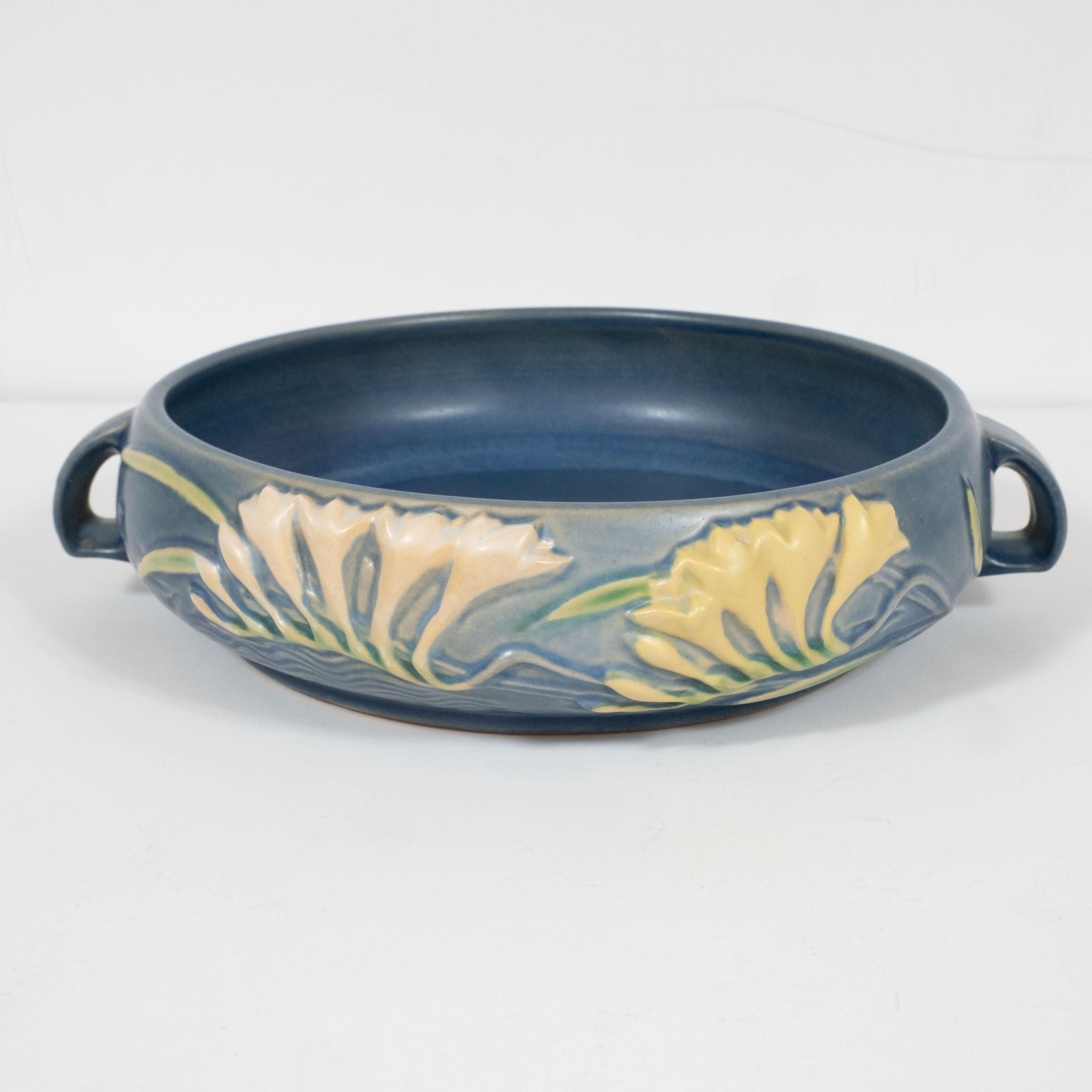 Art Deco Indigo Decorative Bowl with Lily of the Valleys Motif by Roseville For Sale 2
