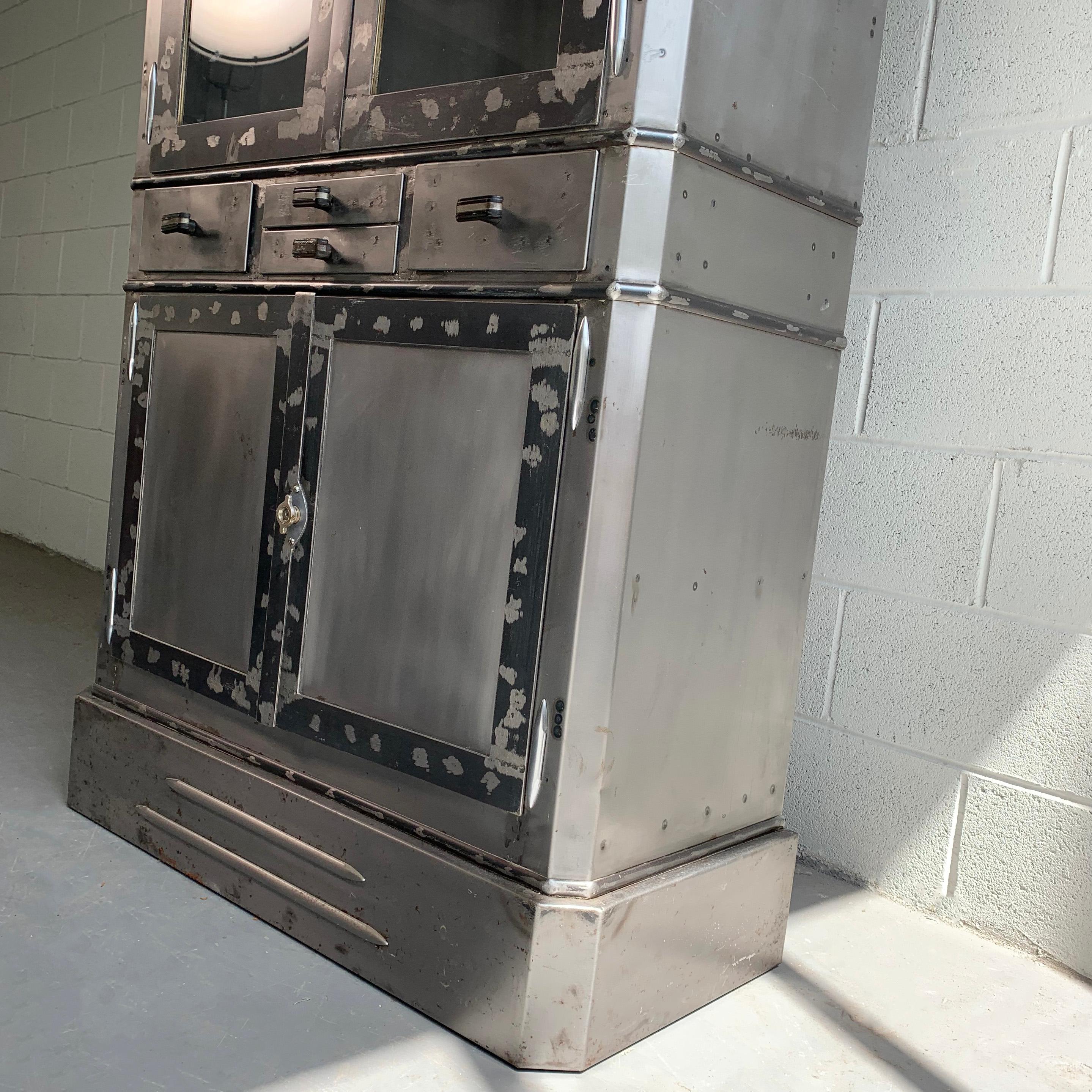 American Art Deco Industrial Brushed Steel Apothecary Display Cabinet For Sale