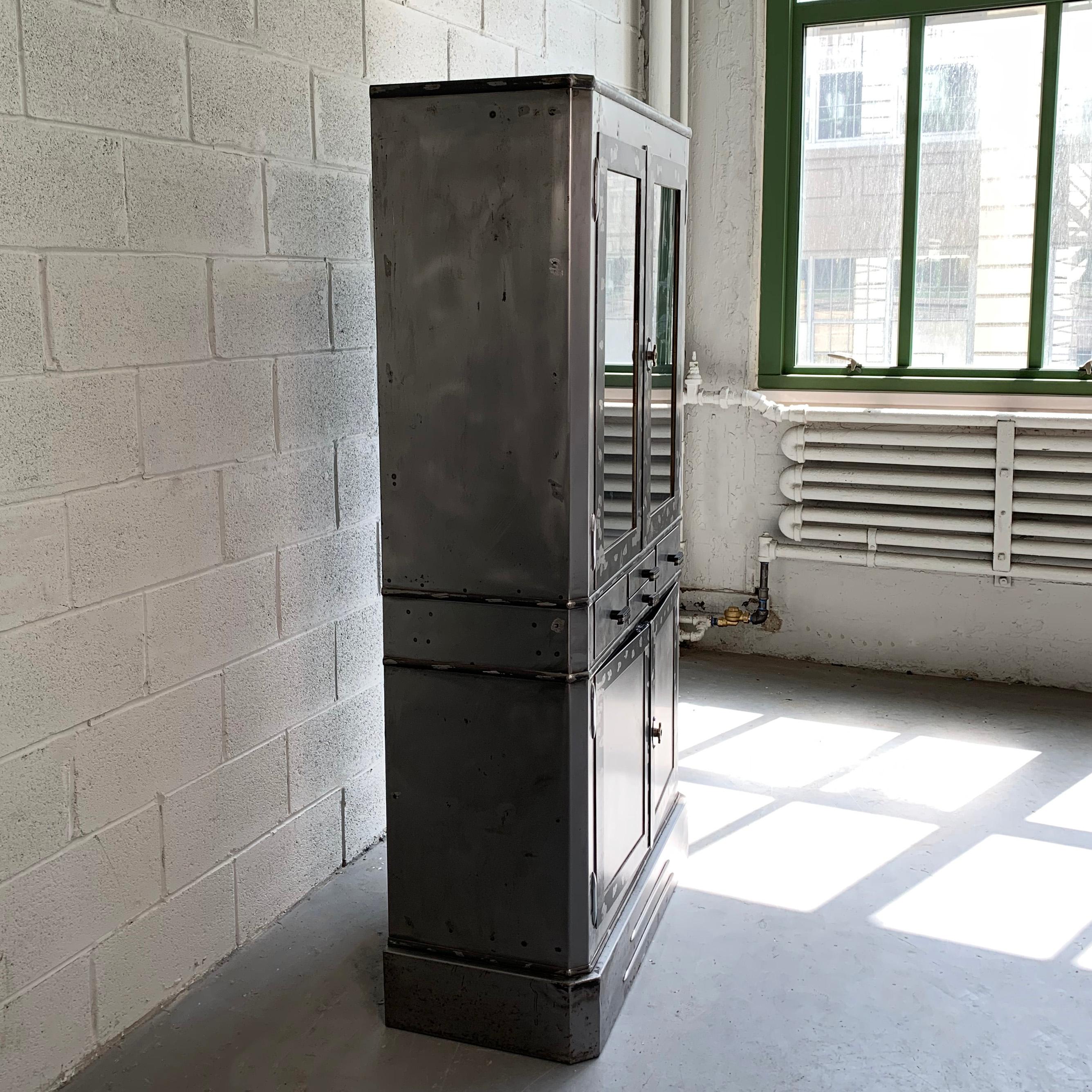 20th Century Art Deco Industrial Brushed Steel Apothecary Display Cabinet For Sale