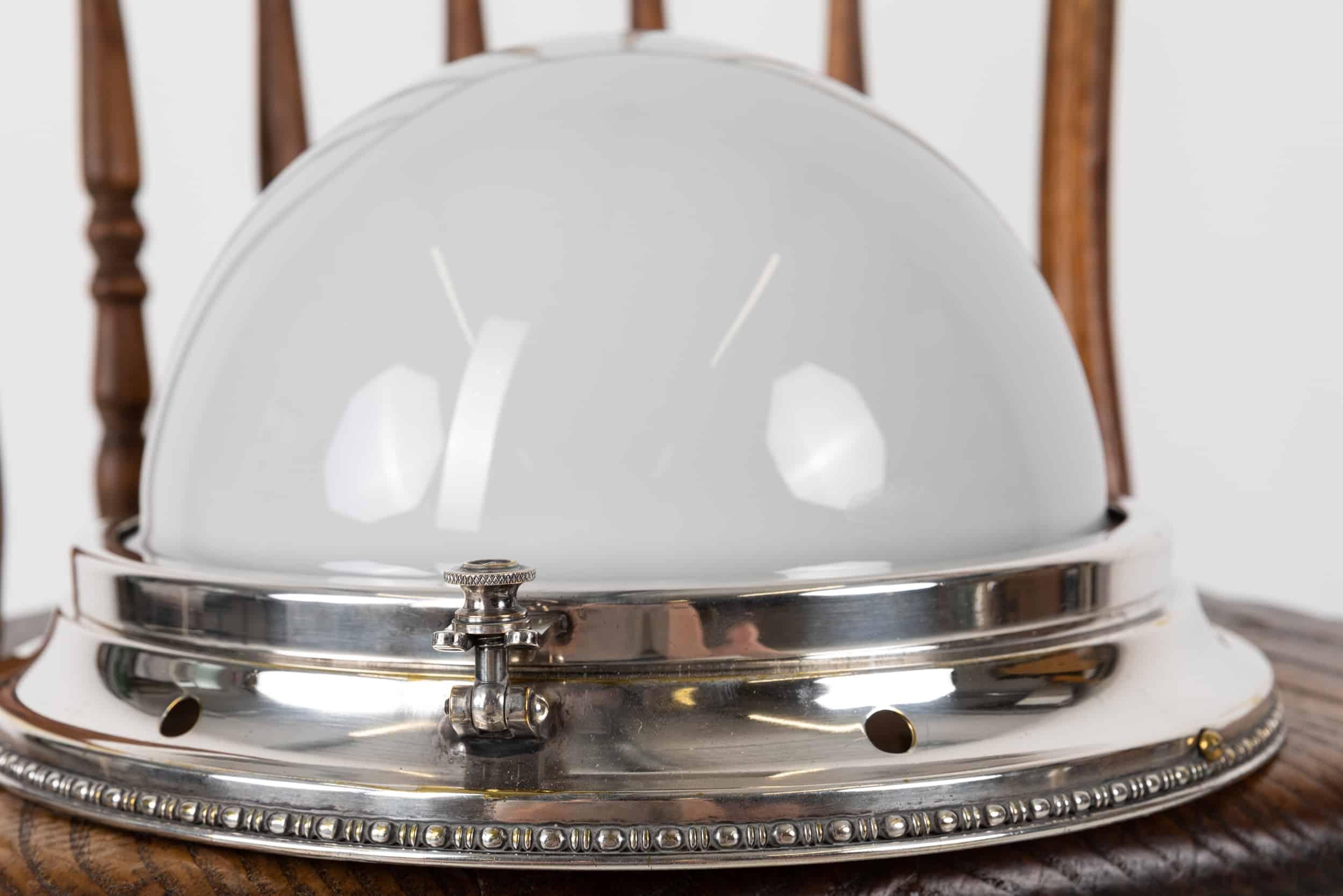 English Art Deco Industrial GEC Silver Plated Opaline Ceiling Lamp, C.1930