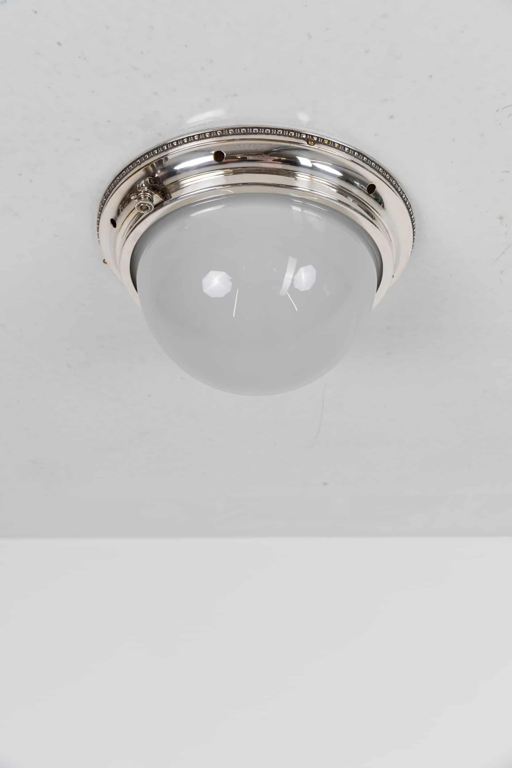 Art Deco Industrial GEC Silver Plated Opaline Ceiling Lamp, C.1930 In Good Condition In London, GB