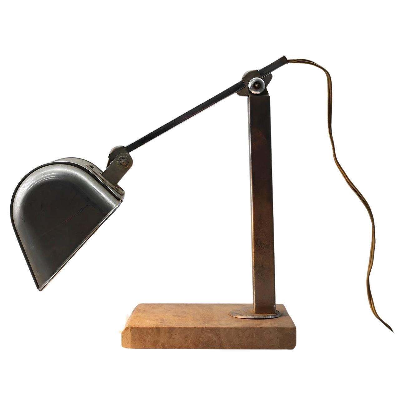 Lampe de bureau Art déco industrielle en métal et travertin, Belgique années 1930