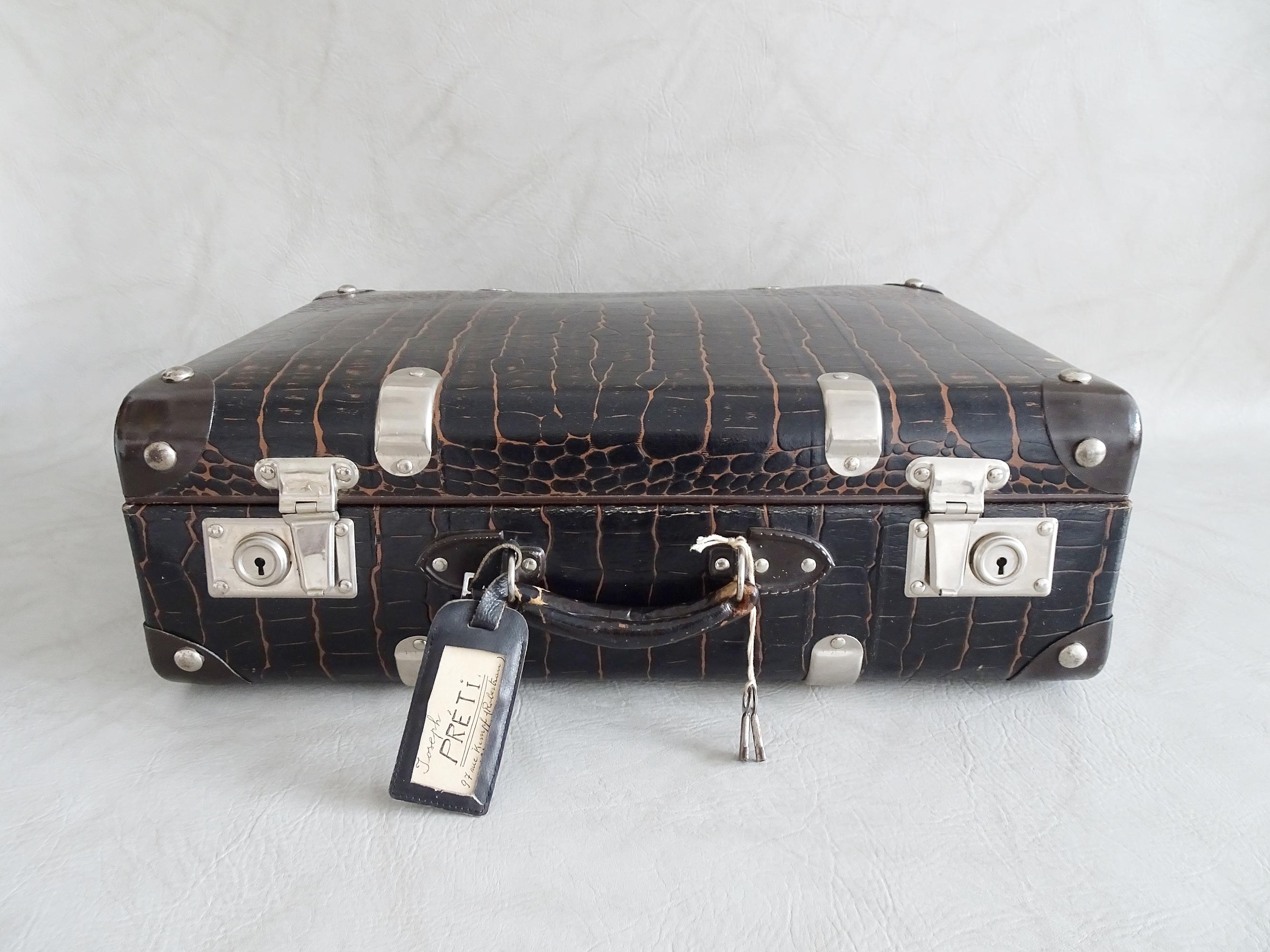 French Art Deco Industrial Suitcase Trunk, Crocodile look, France 1940s