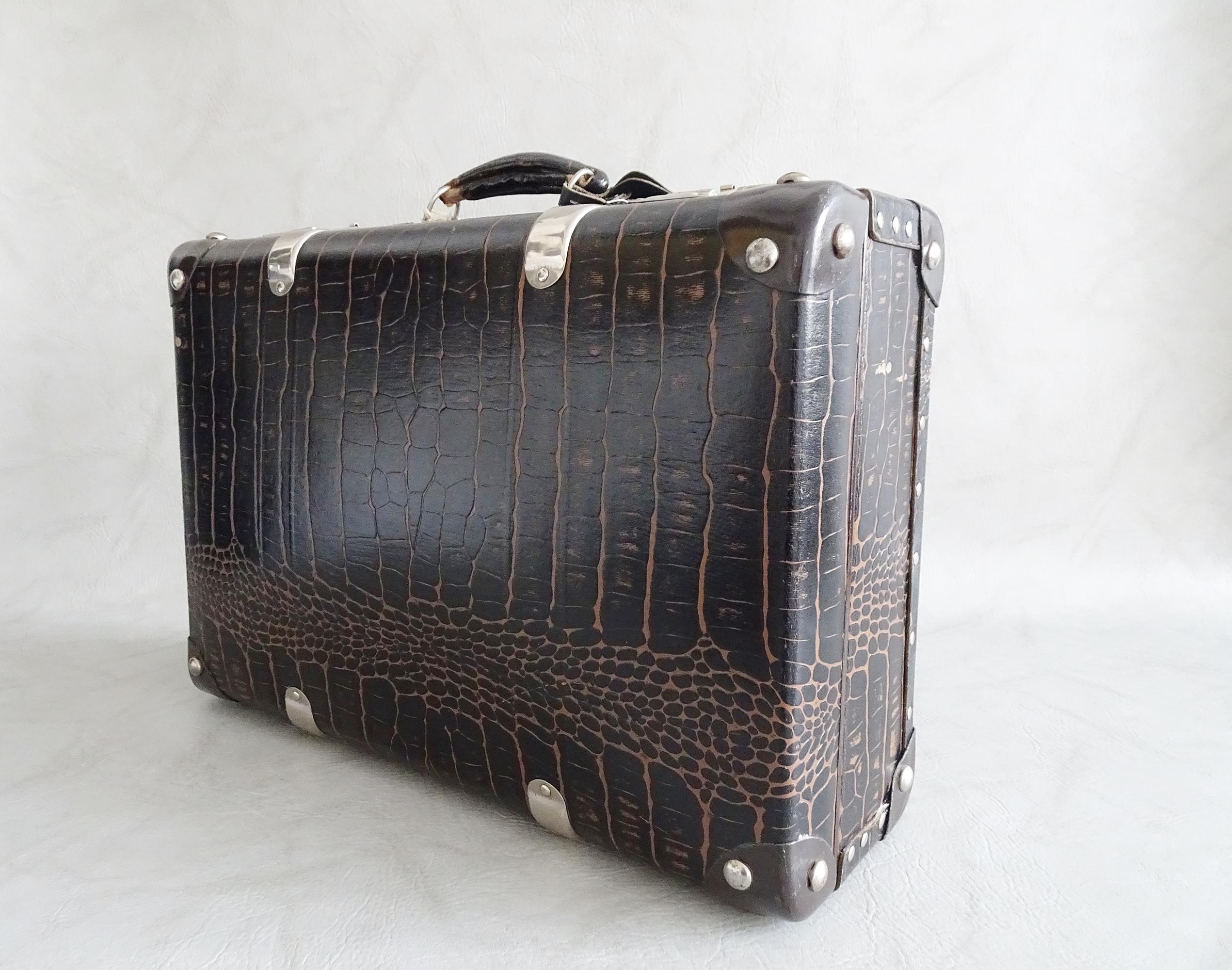 Art Deco Industrial Suitcase Trunk, Crocodile look, France 1940s 3