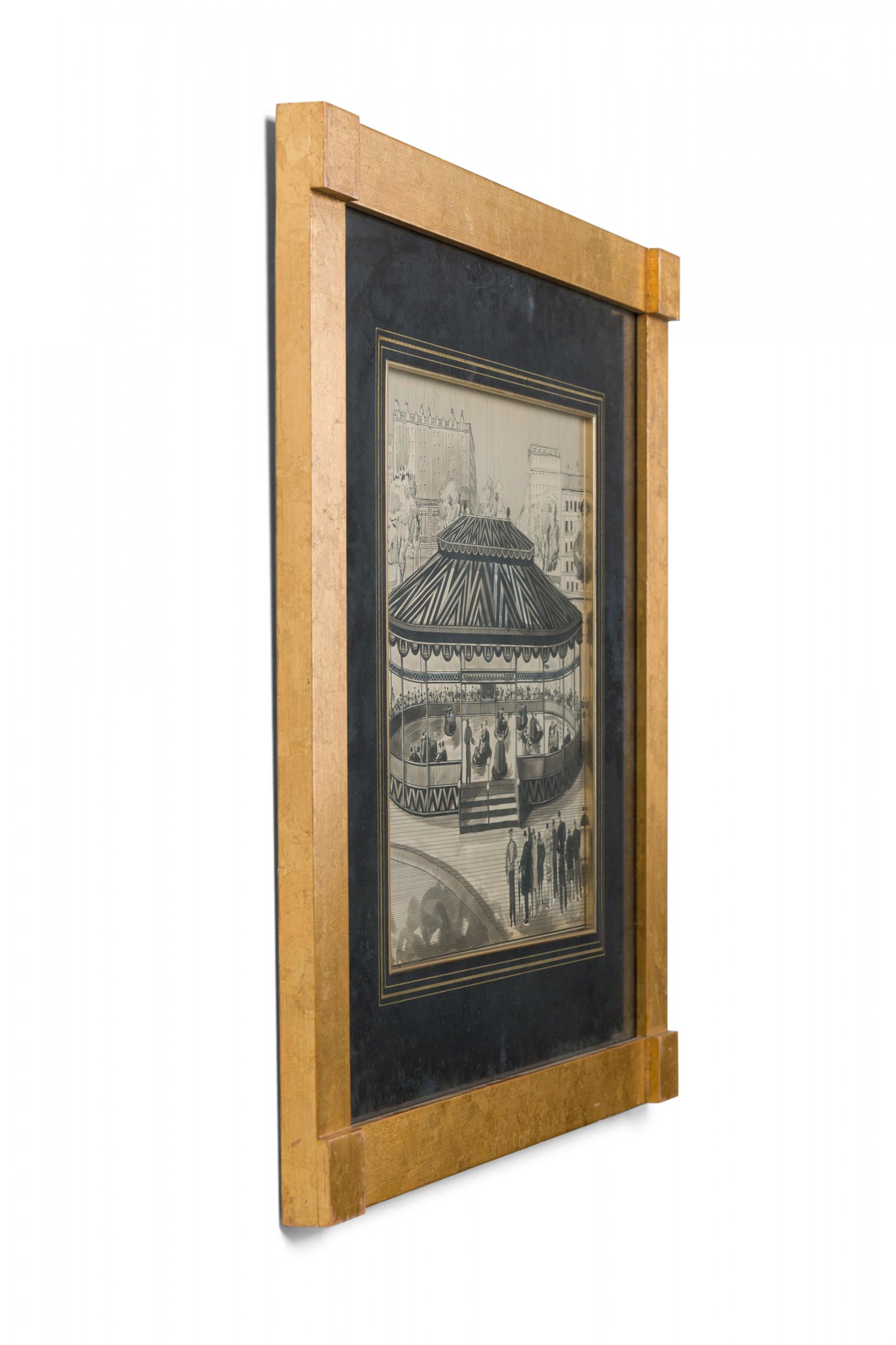 Dibujo americano Art Decó a pluma y tinta de escena de parque de atracciones urbano con paspartú negro y marco cuadrado dorado (L. Chupin)(Piezas complementarias: BRA012A, BRA012C, BRA012D, BRA012E, BRA012F)

Estado: Bueno; Desgaste acorde con la