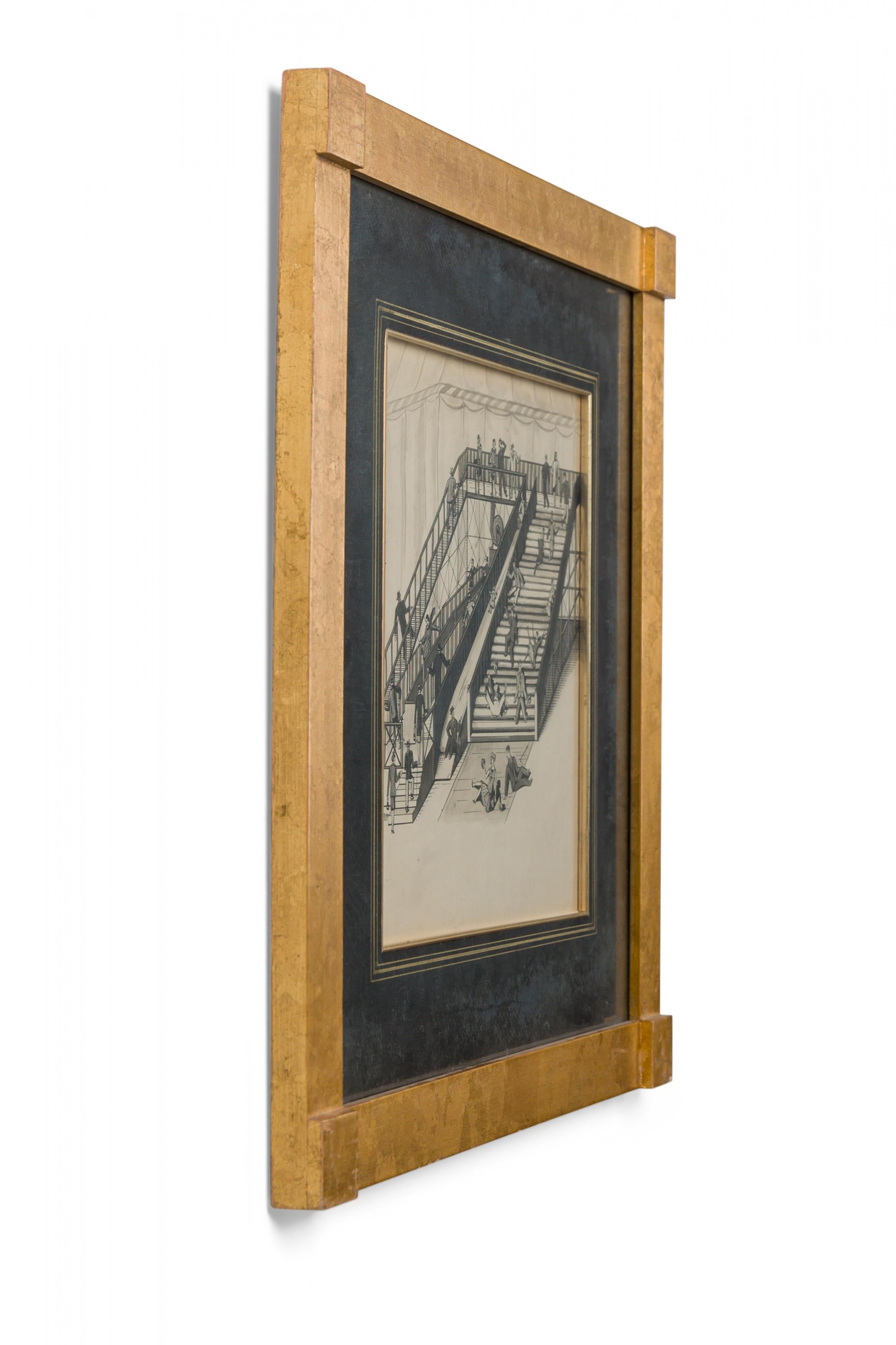 Disegno a penna e inchiostro Art Deco americano di una scena di parco divertimenti urbano con cornice quadrata nera opaca e dorata (L. Chupin)(Companion pieces: BRA012A, BRA012B, BRA012D, BRA012E, BRA012F)

Condit: Buono; Usura coerente con l'età e