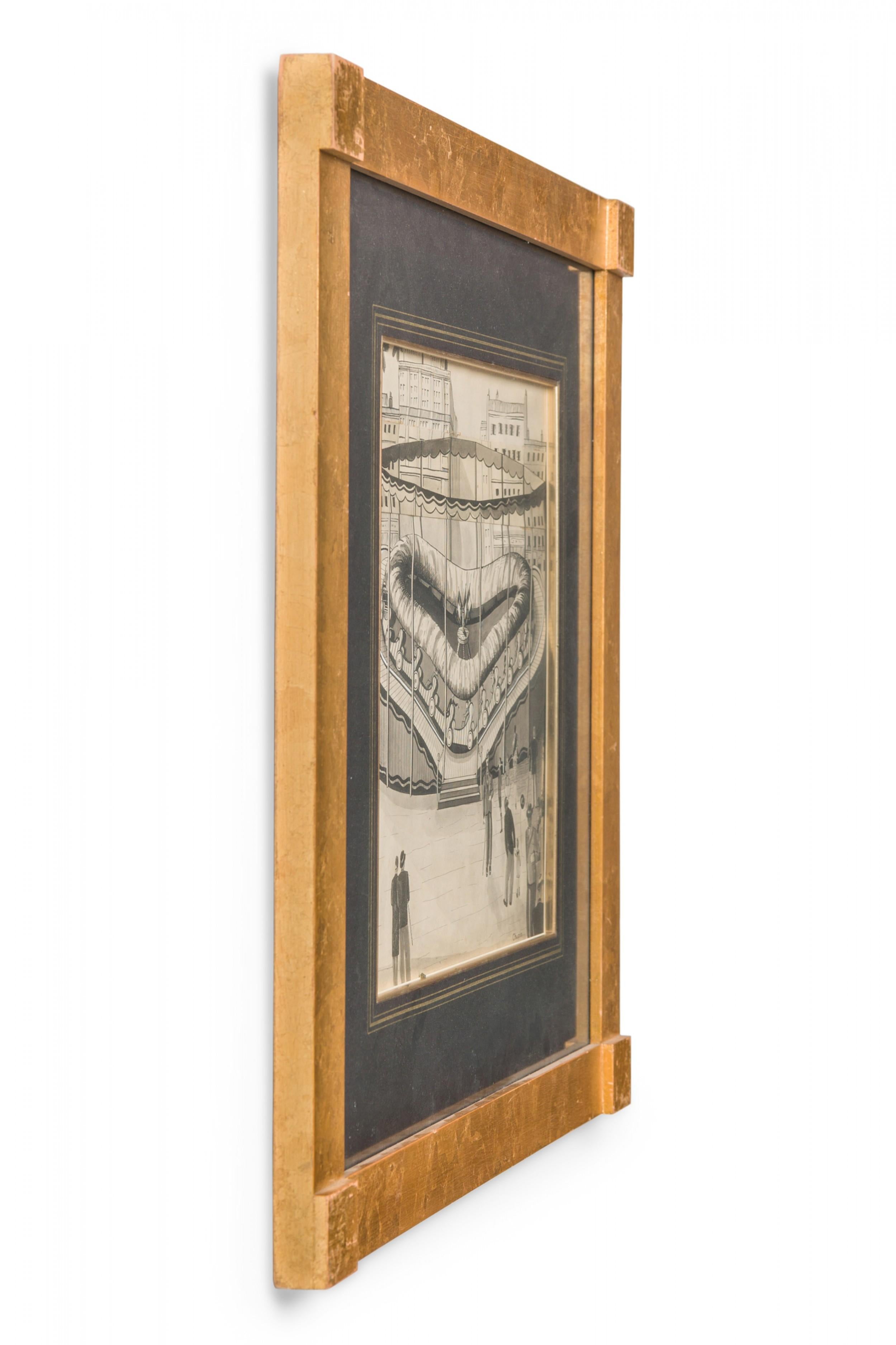 Disegno a penna e inchiostro Art Deco americano di una scena di parco divertimenti urbano con cornice quadrata nera opaca e dorata (L. Chupin)(Companion pieces: BRA012A, BRA012B, BRA012C, BRA012E, BRA012F)

Condit: Buono; Usura coerente con l'età e