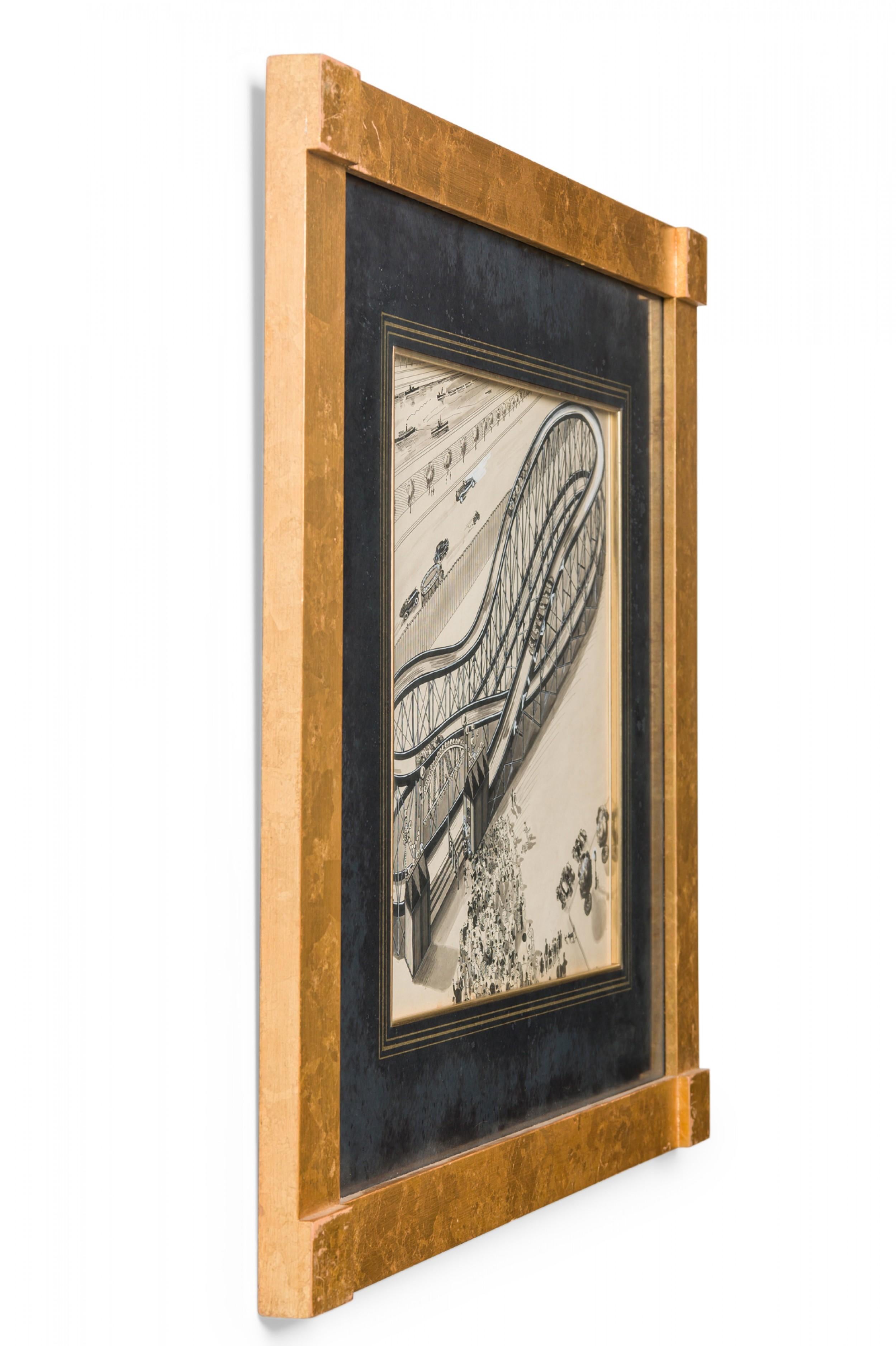 Disegno a penna e inchiostro Art Deco americano di una scena di parco divertimenti urbano con cornice quadrata nera opaca e dorata (L. Chupin)(Companion pieces: BRA012A, BRA012B, BRA012C, BRA012D, BRA012F)

Condit: Buono; Usura coerente con l'età e