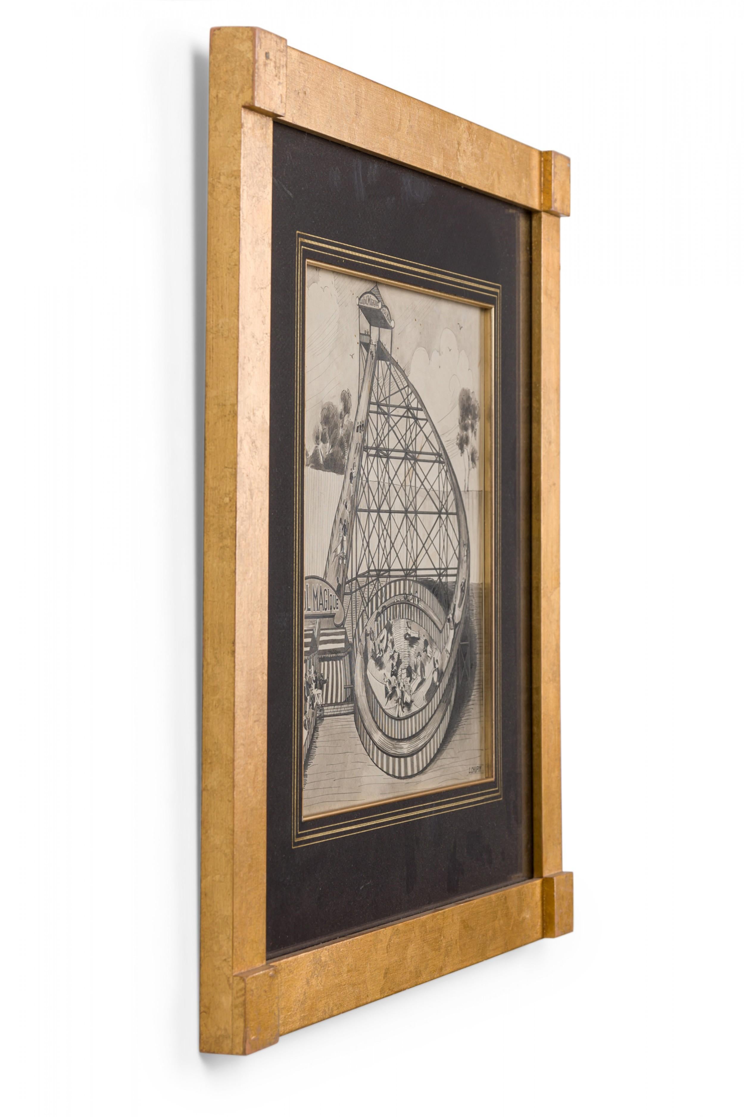 Disegno a penna e inchiostro in stile Art Deco americano di una scena di parco divertimenti urbano con cornice quadrata dorata e opaca nera (L. Chupin)(Companion pieces: BRA012A, BRA012B, BRA012C, BRA012D, BRA012E)

Condit: Buono; Usura coerente con