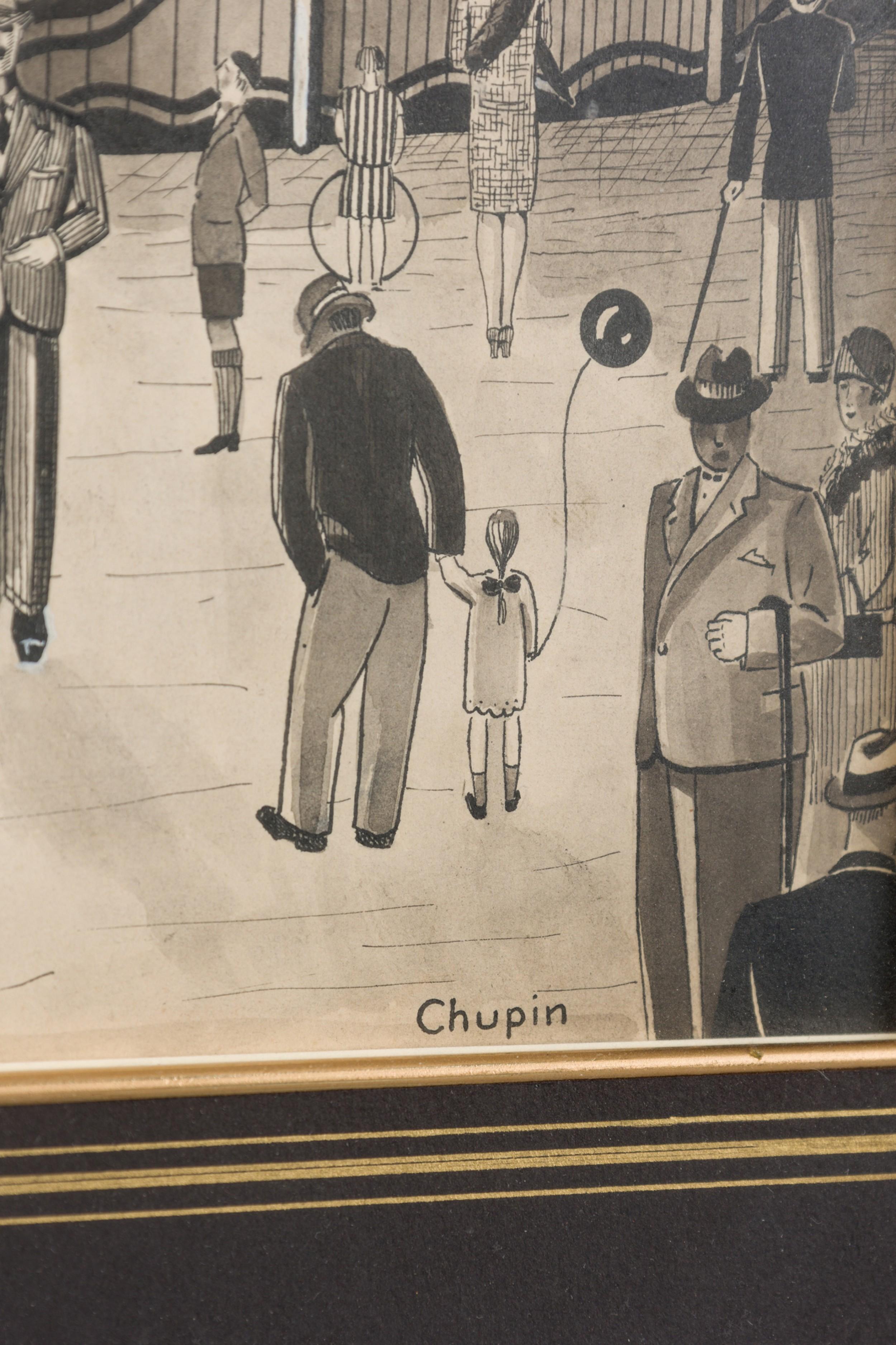 Art Déco Disegno di parco divertimenti ad inchiostro Art Deco in vendita