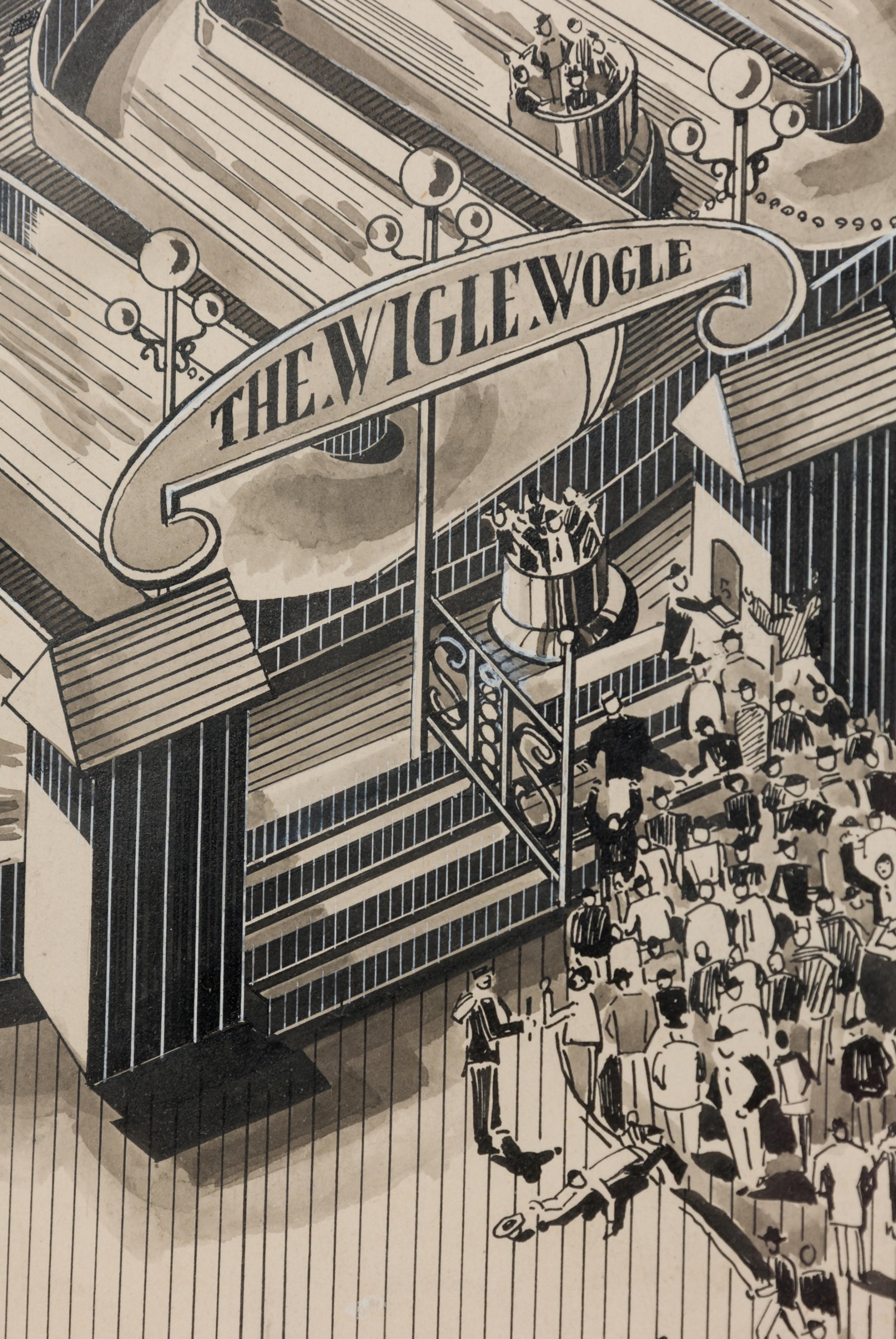 Gilt Art Deco Ink Amusement Park Drawing For Sale