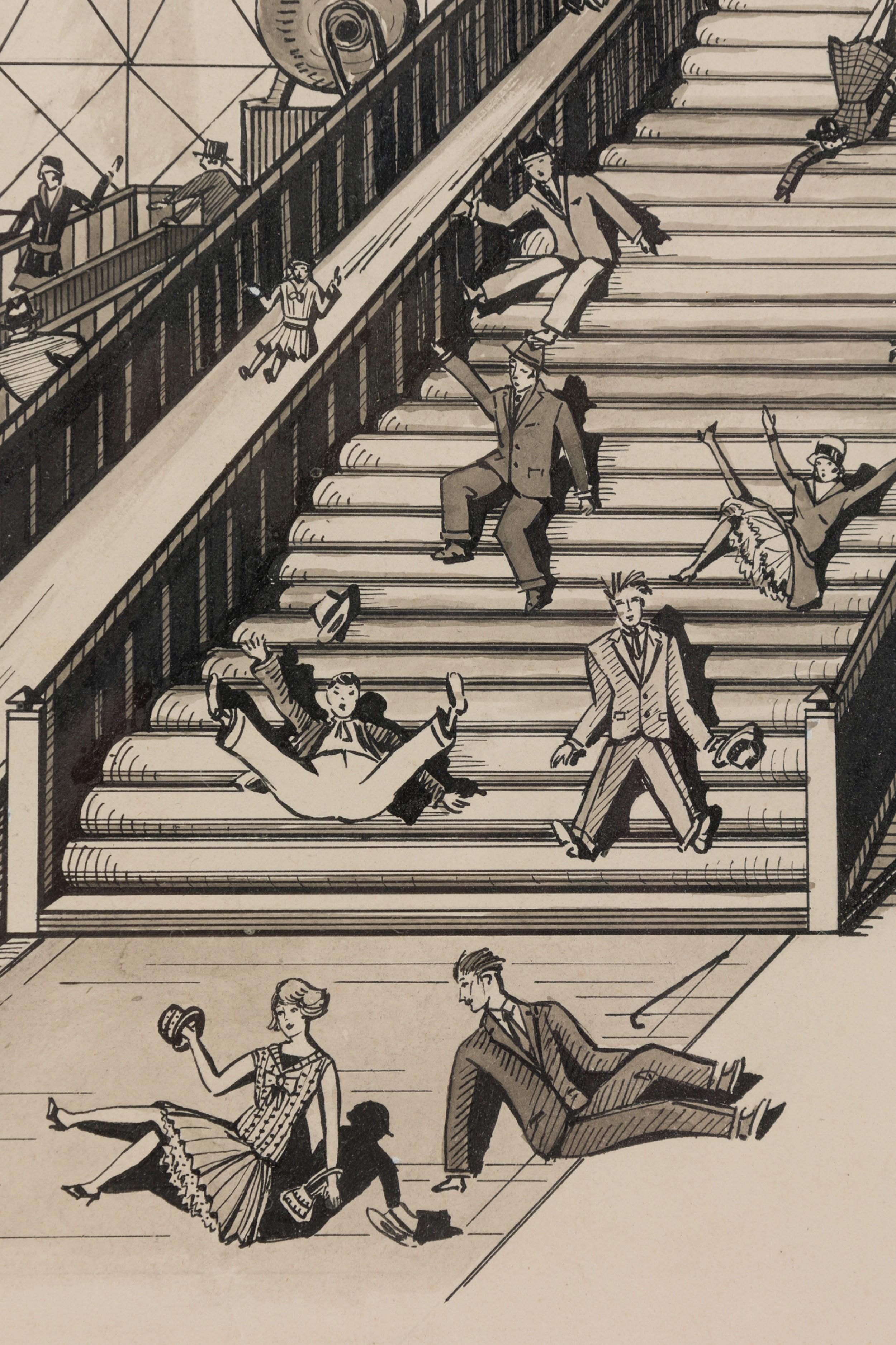 Americano Disegno di parco divertimenti ad inchiostro Art Deco in vendita