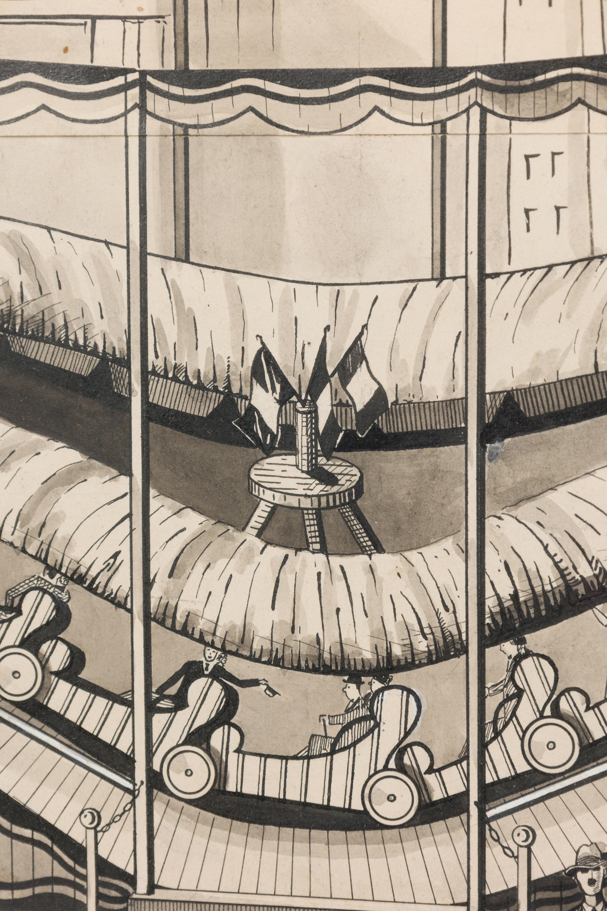 Dorato Disegno di parco divertimenti ad inchiostro Art Deco in vendita